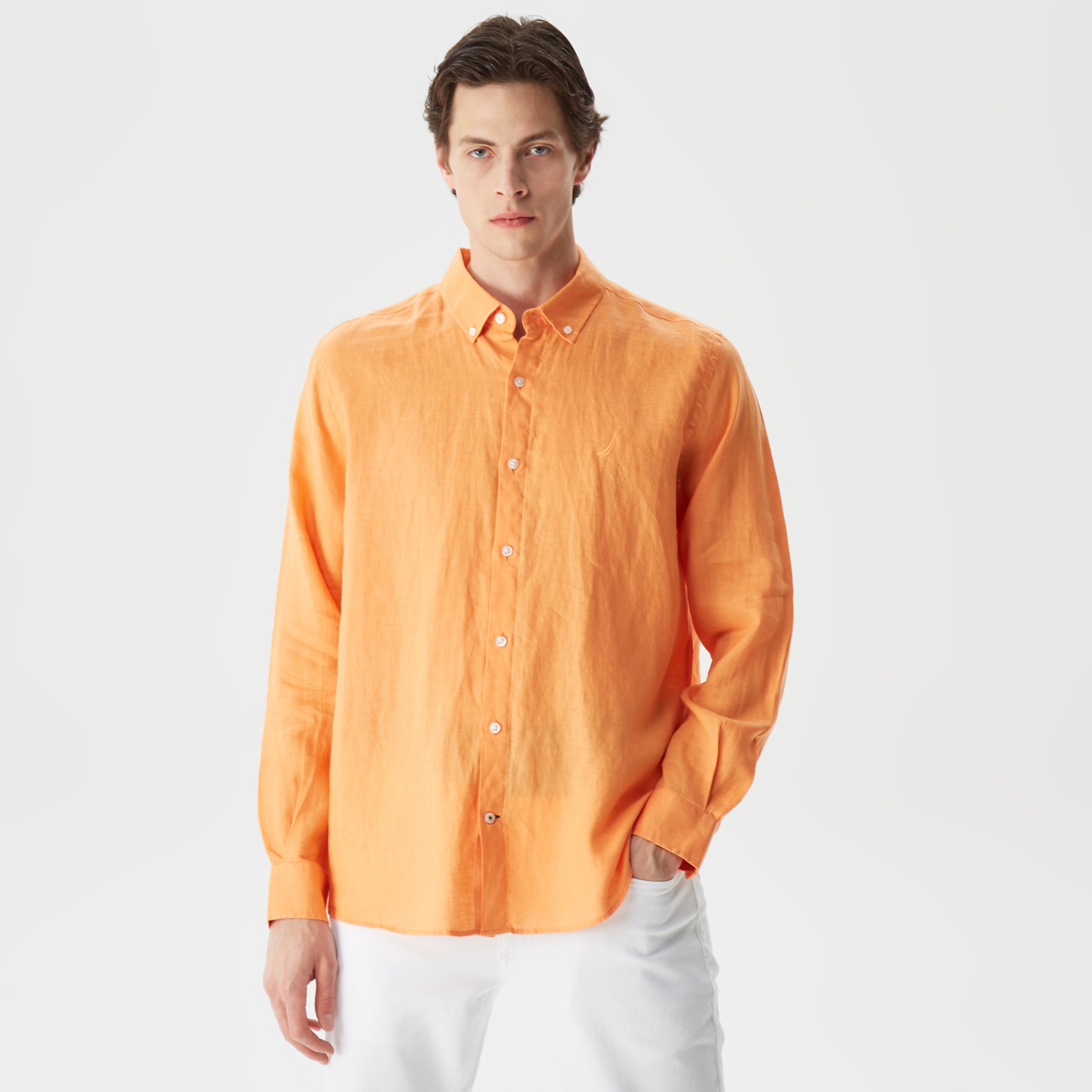 Nautica Erkek Turuncu Classic Fit Uzun Kollu Keten Gömlek