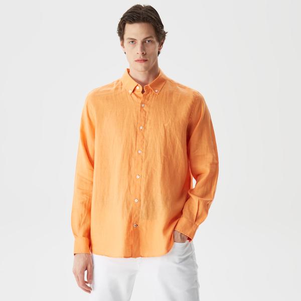 Nautica Erkek Turuncu Classic Fit Uzun Kollu Keten Gömlek
