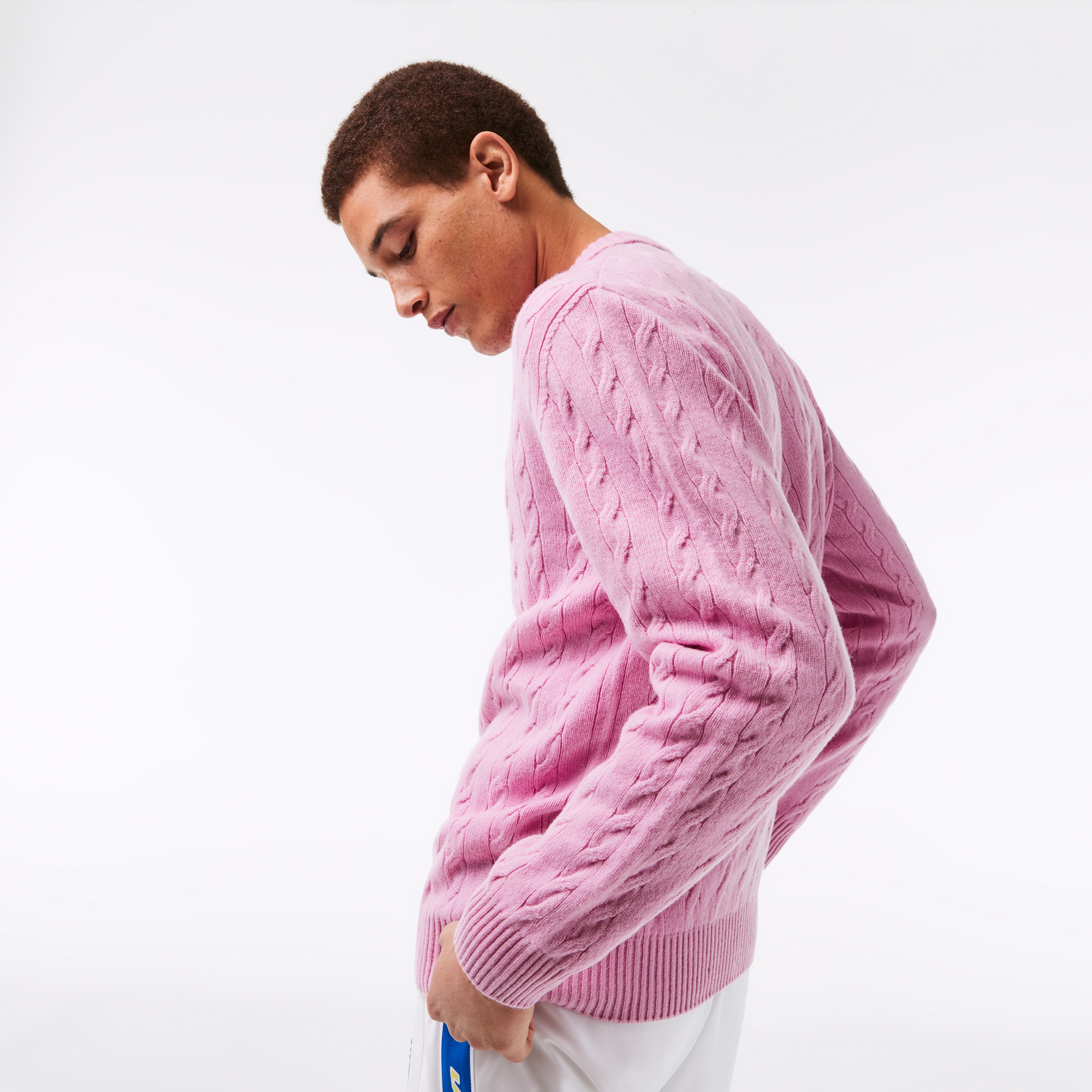 Lacoste Erkek Bisiklet Yaka Çizgili Yün Pembe Kazak