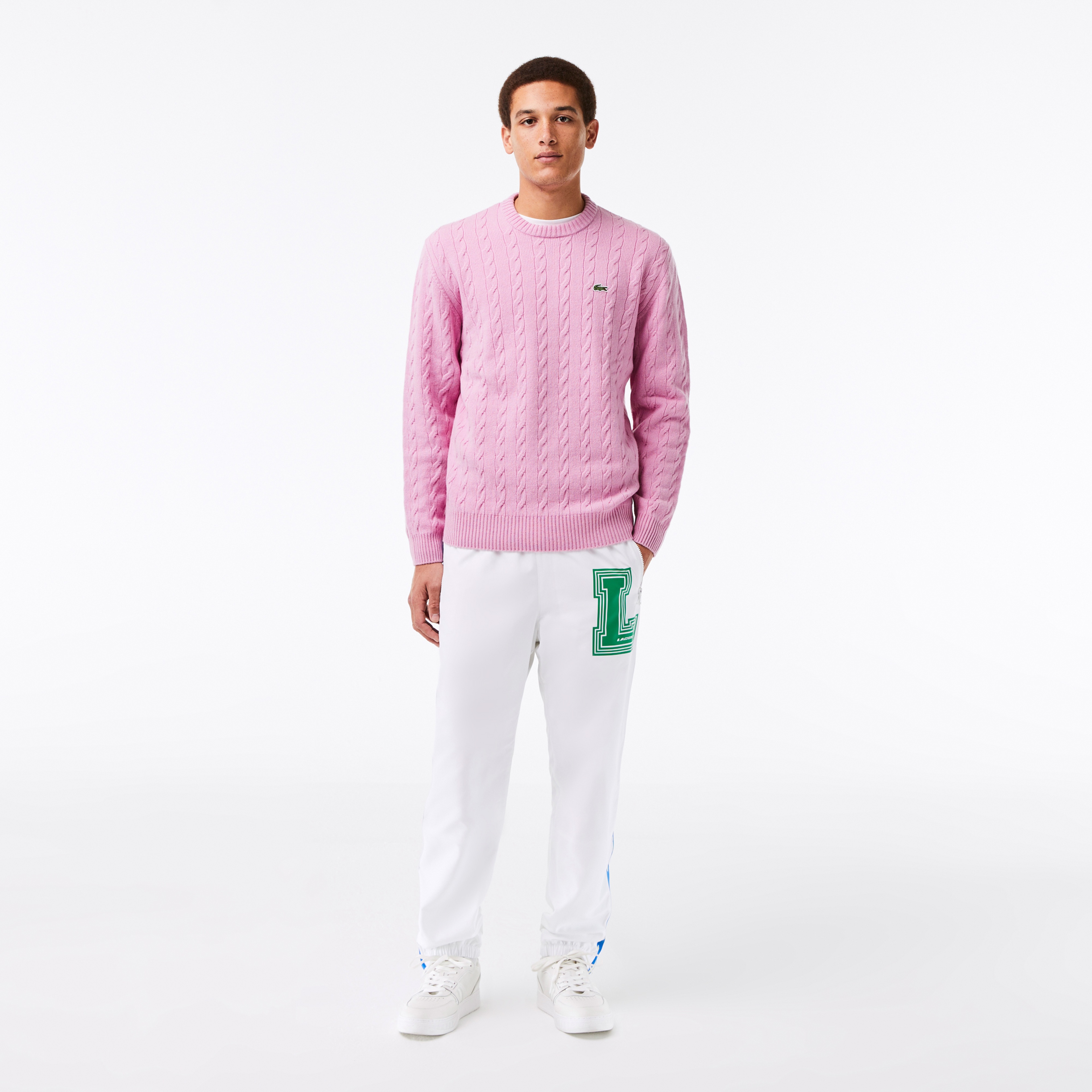 Lacoste Erkek Bisiklet Yaka Çizgili Yün Pembe Kazak