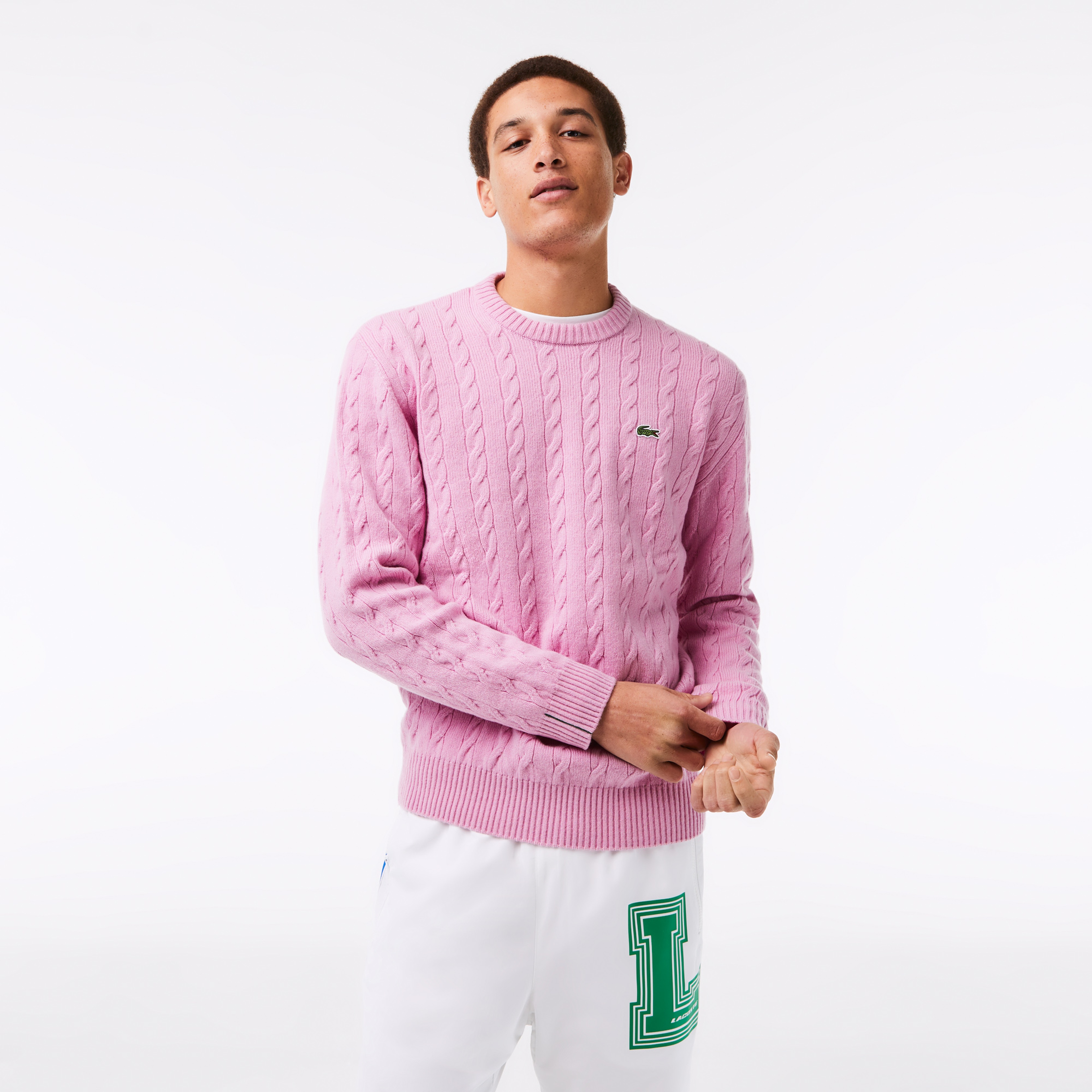Lacoste Erkek Bisiklet Yaka Çizgili Yün Pembe Kazak
