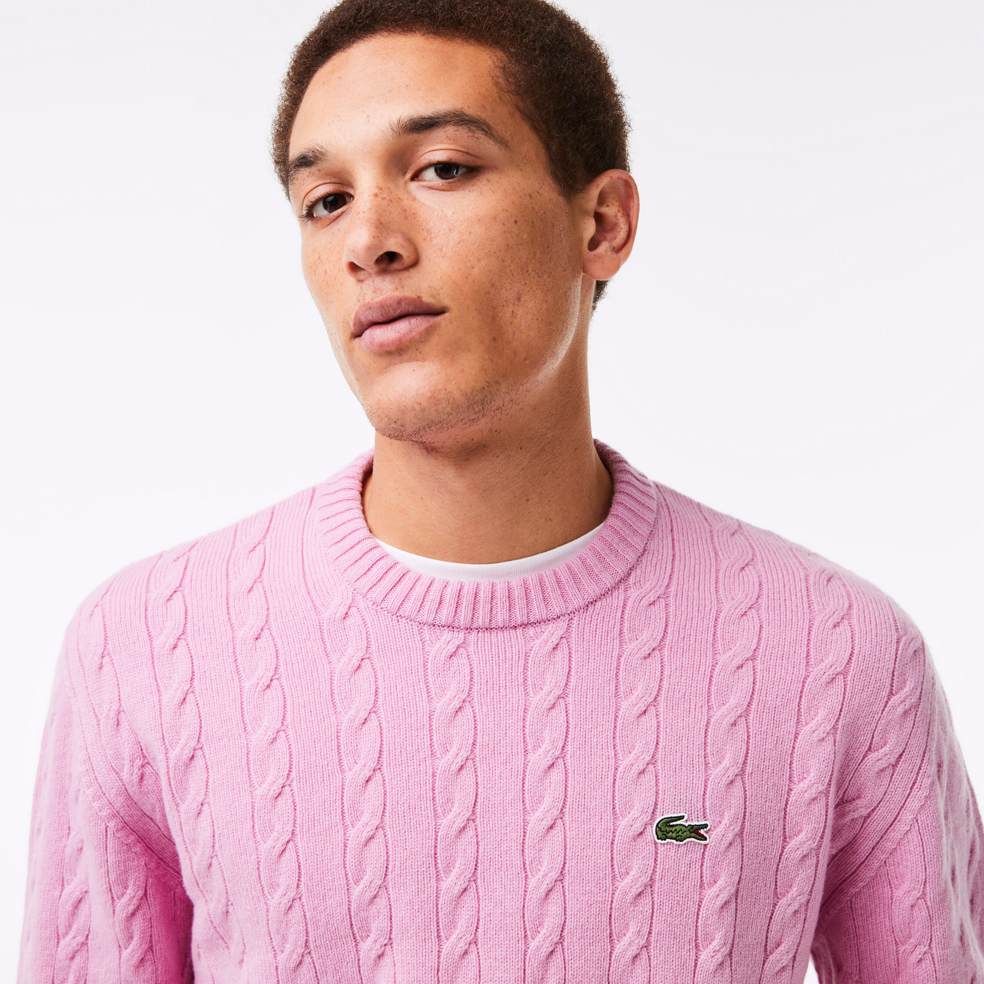 Lacoste Erkek Bisiklet Yaka Çizgili Yün Pembe Kazak