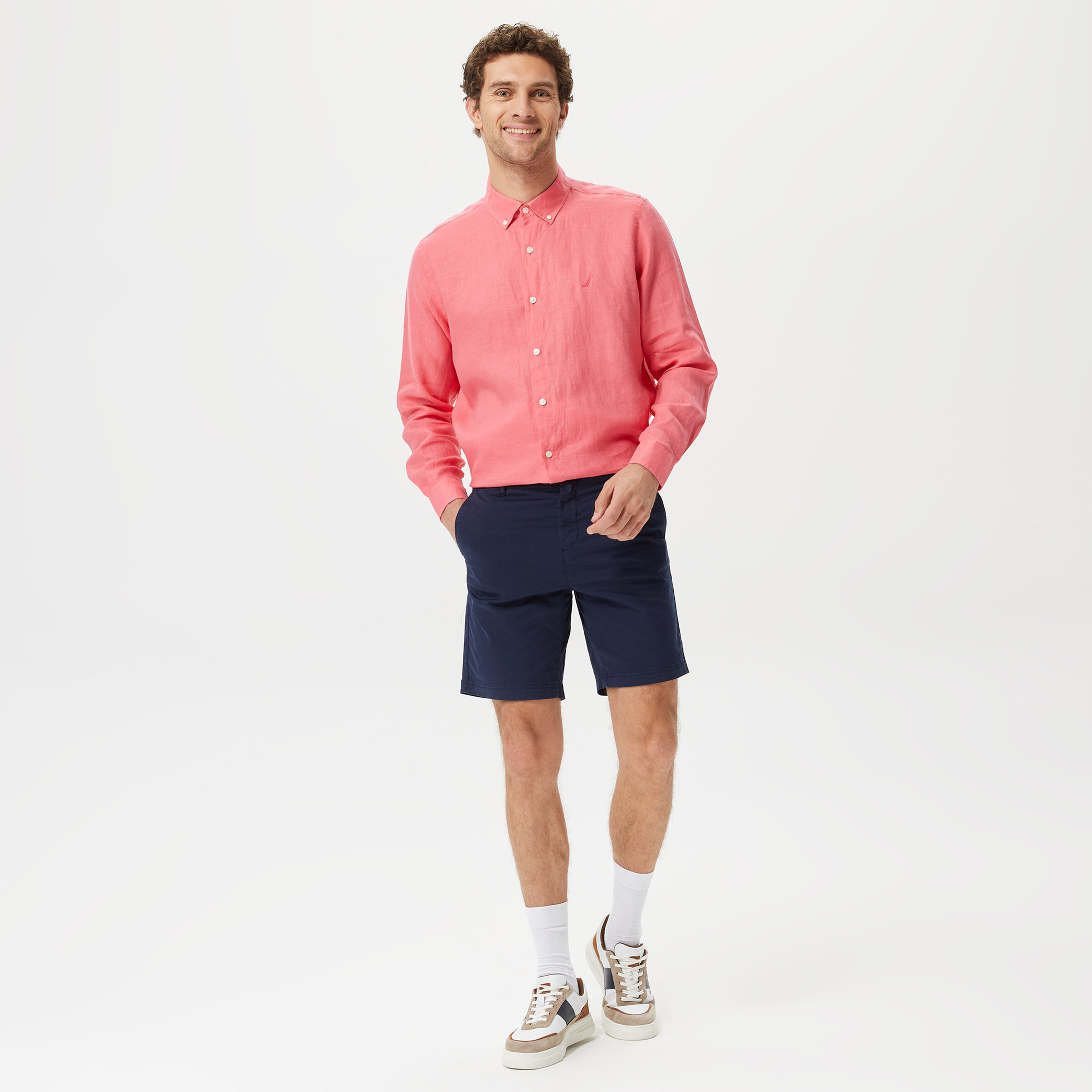 Nautica Erkek Pembe Classic Fit Uzun Kollu Keten Gömlek