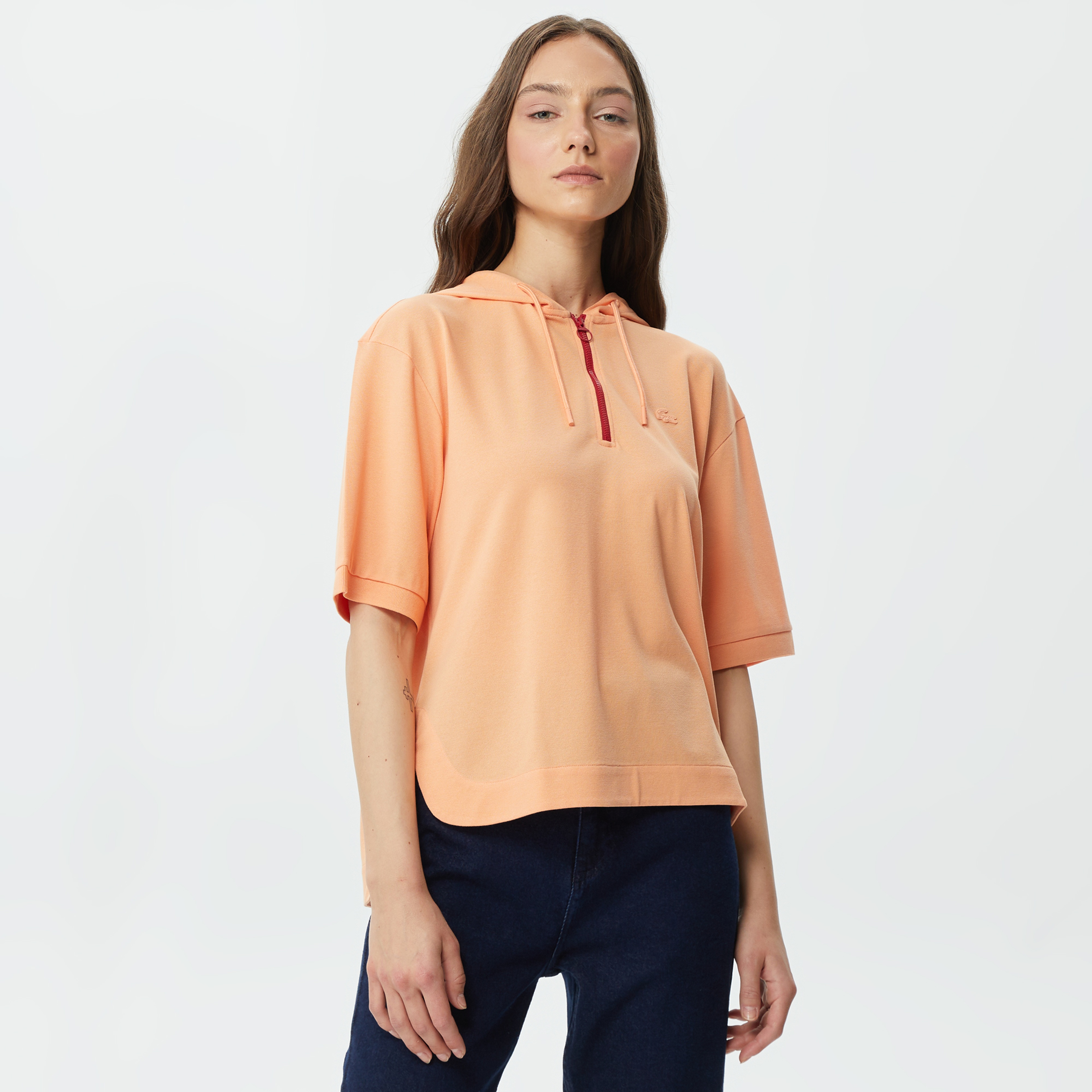 Kadın Loose Fit Kısa Kollu Kapüşonlu Turuncu Polo