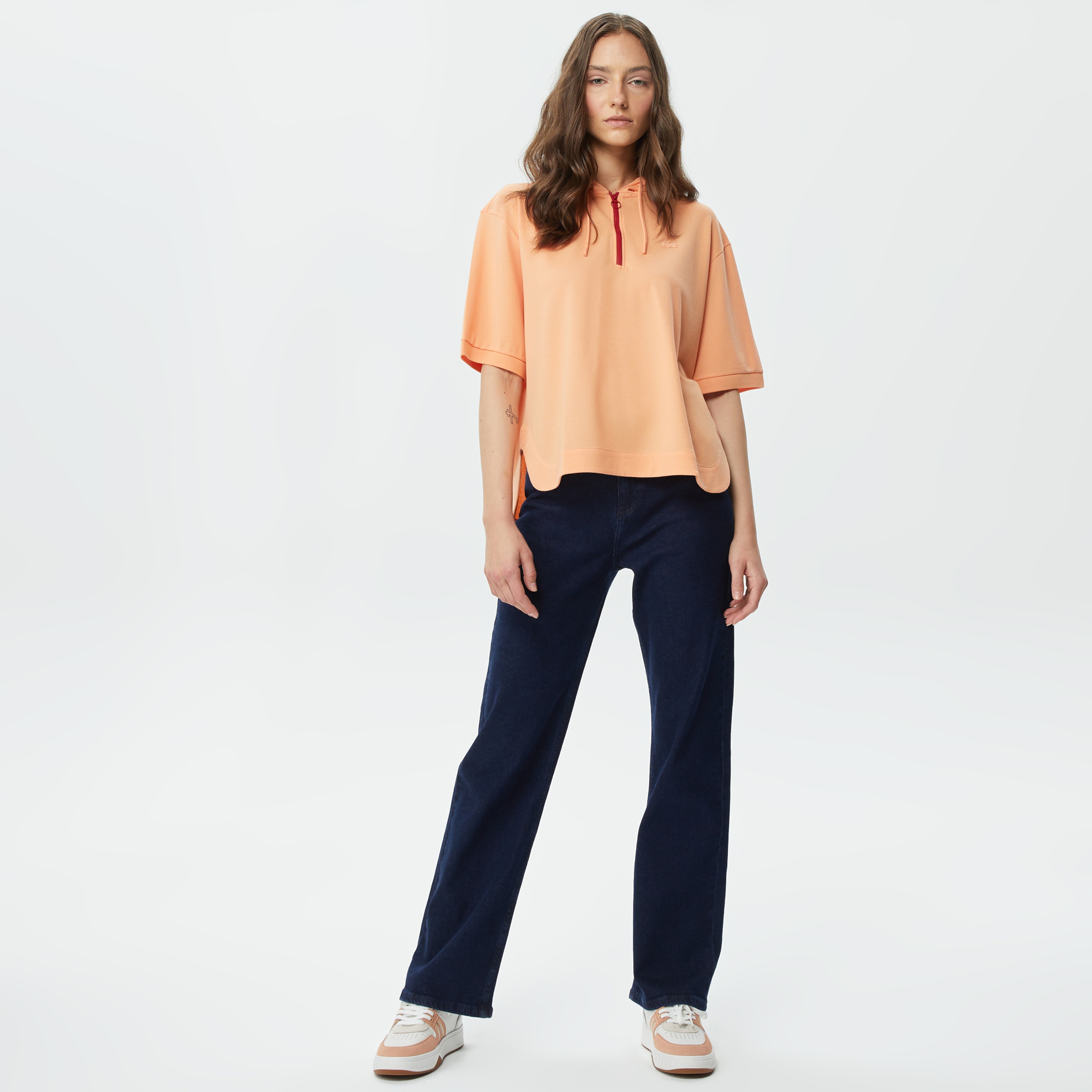 Kadın Loose Fit Kısa Kollu Kapüşonlu Turuncu Polo