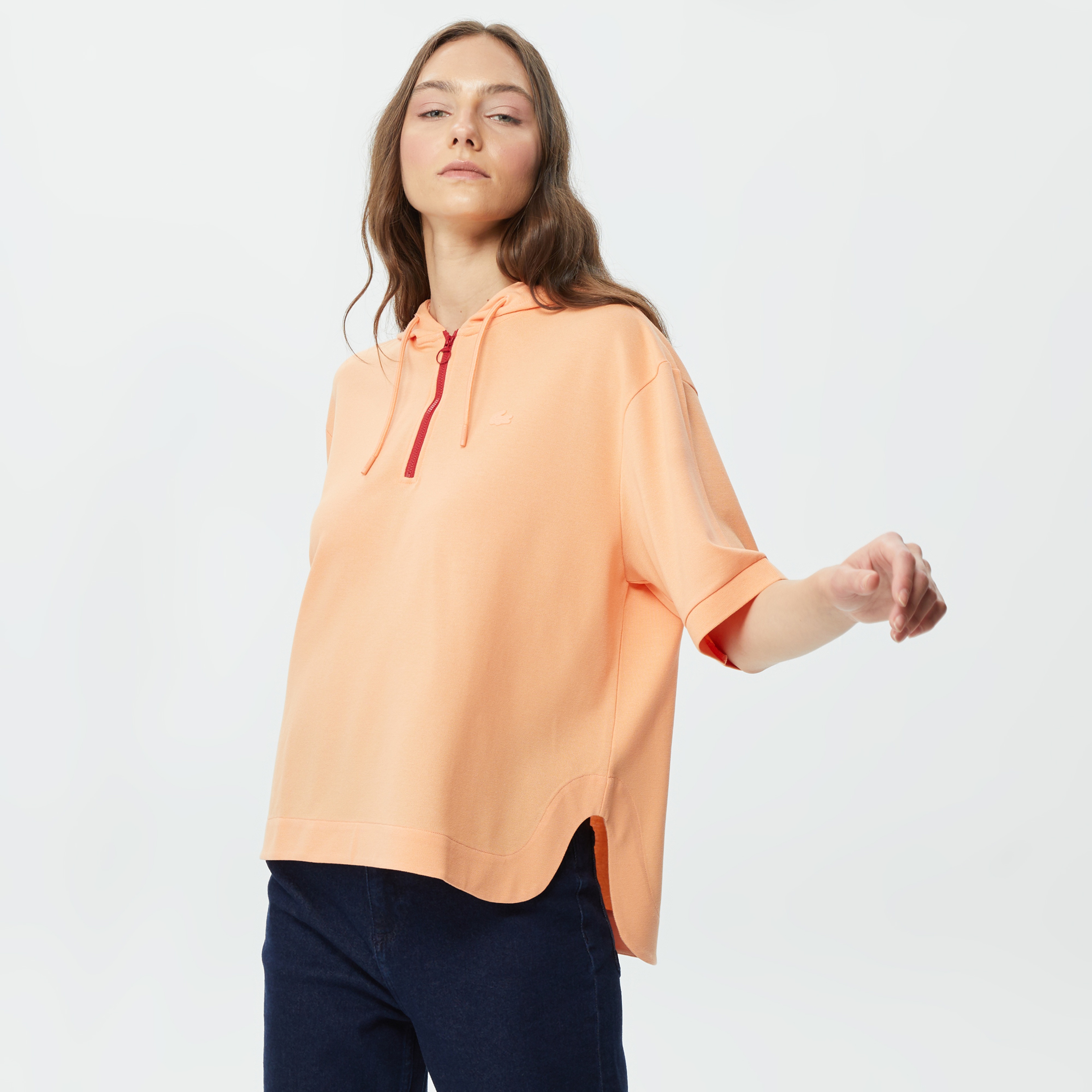 Kadın Loose Fit Kısa Kollu Kapüşonlu Turuncu Polo