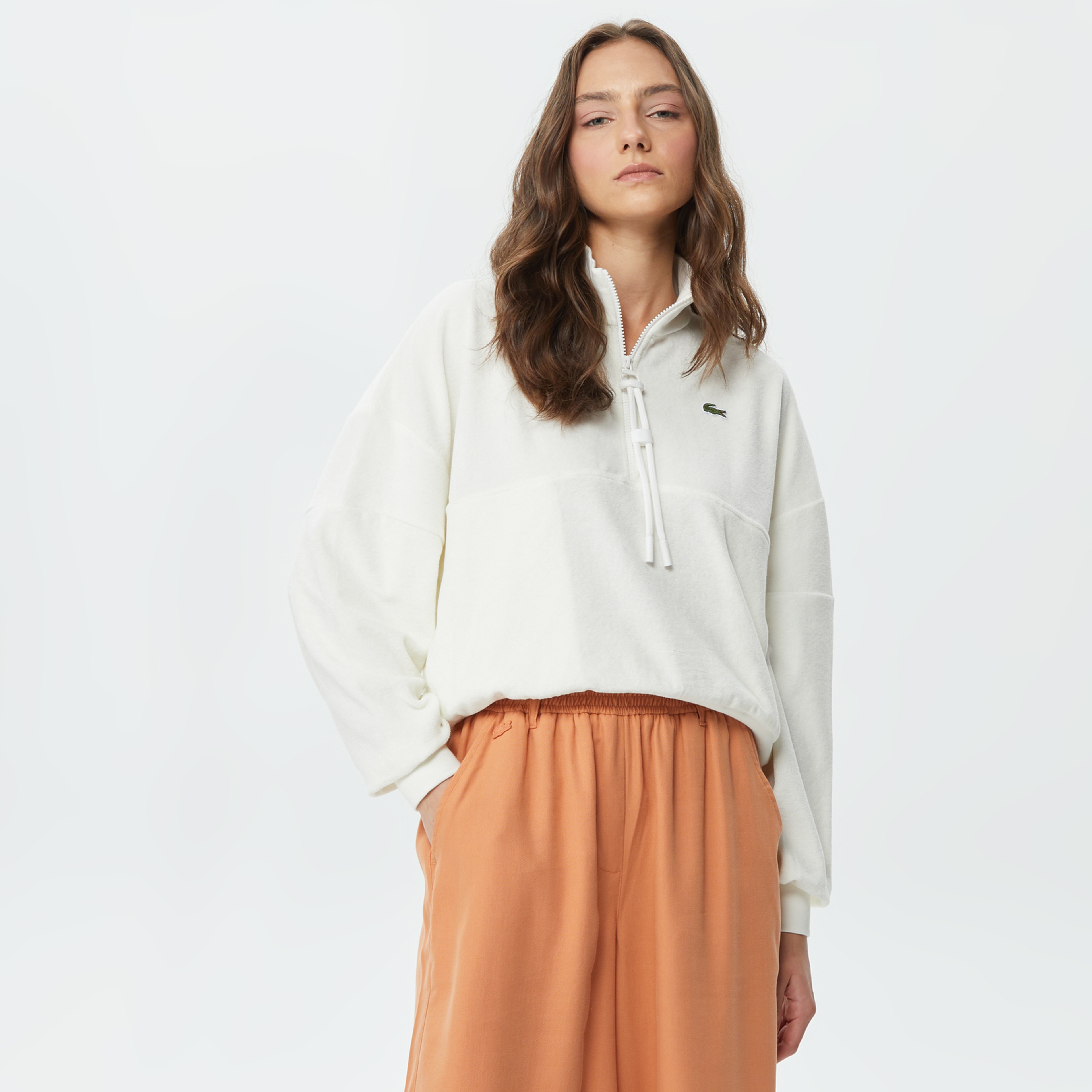Kadın Oversize Yarım Fermuarlı Beyaz Sweatshirt