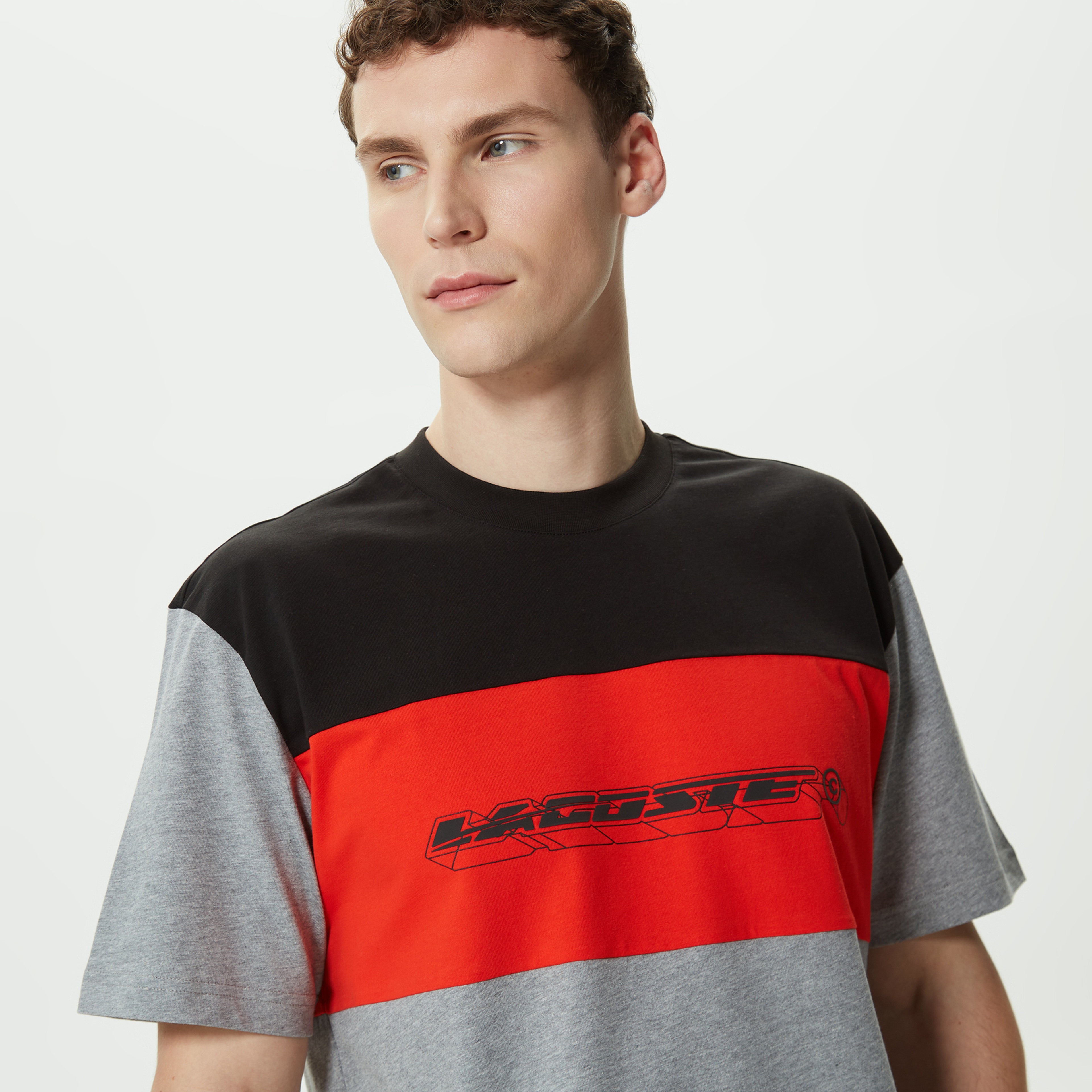 Erkek Relaxed Fit Bisiklet Yaka Renk Bloklu Gri T-Shirt