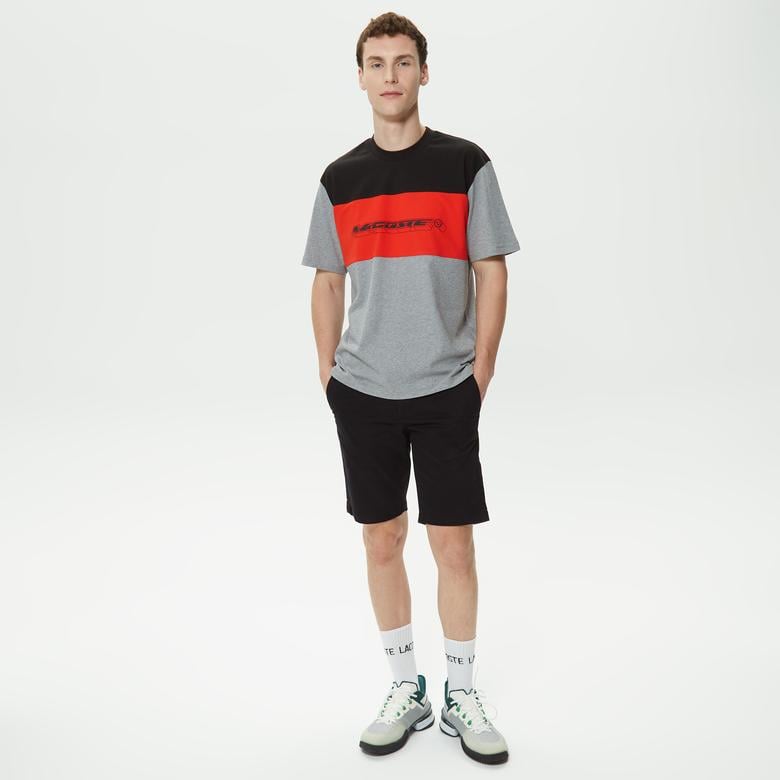 Erkek Relaxed Fit Bisiklet Yaka Renk Bloklu Gri T-Shirt