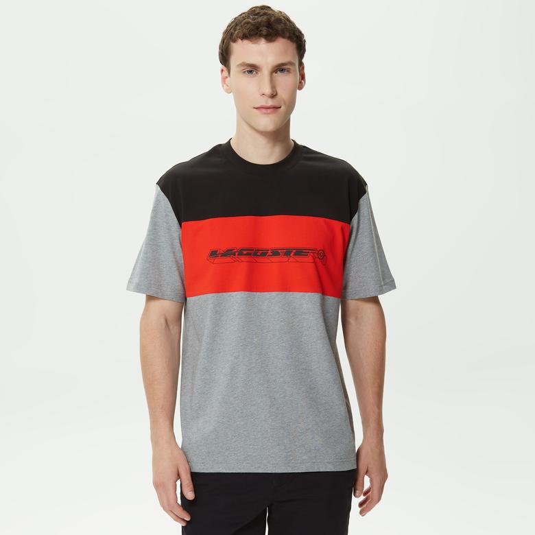 Erkek Relaxed Fit Bisiklet Yaka Renk Bloklu Gri T-Shirt