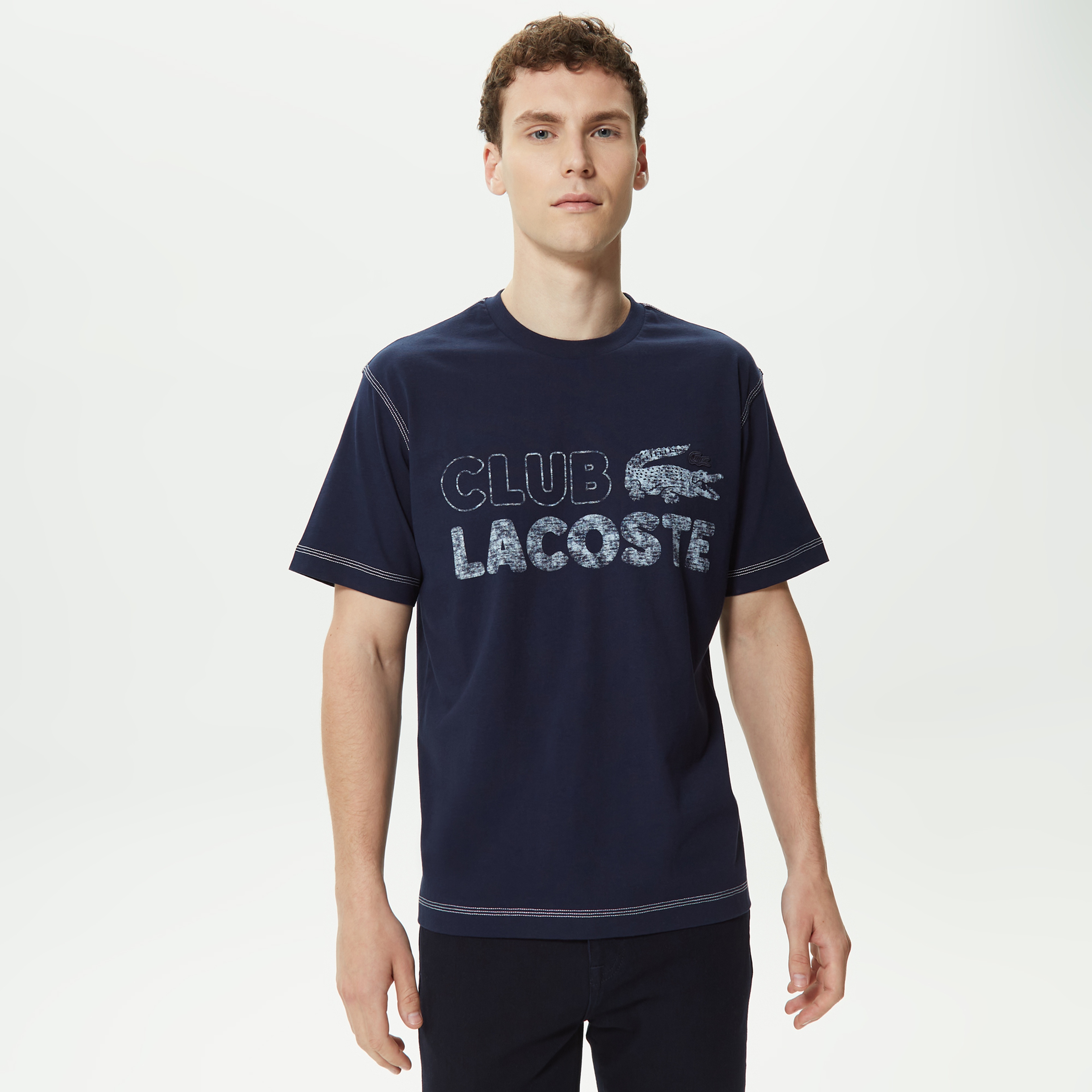 Erkek Relaxed Fit Bisiklet Yaka Baskılı Organik Pamuk Lacivert T-Shirt