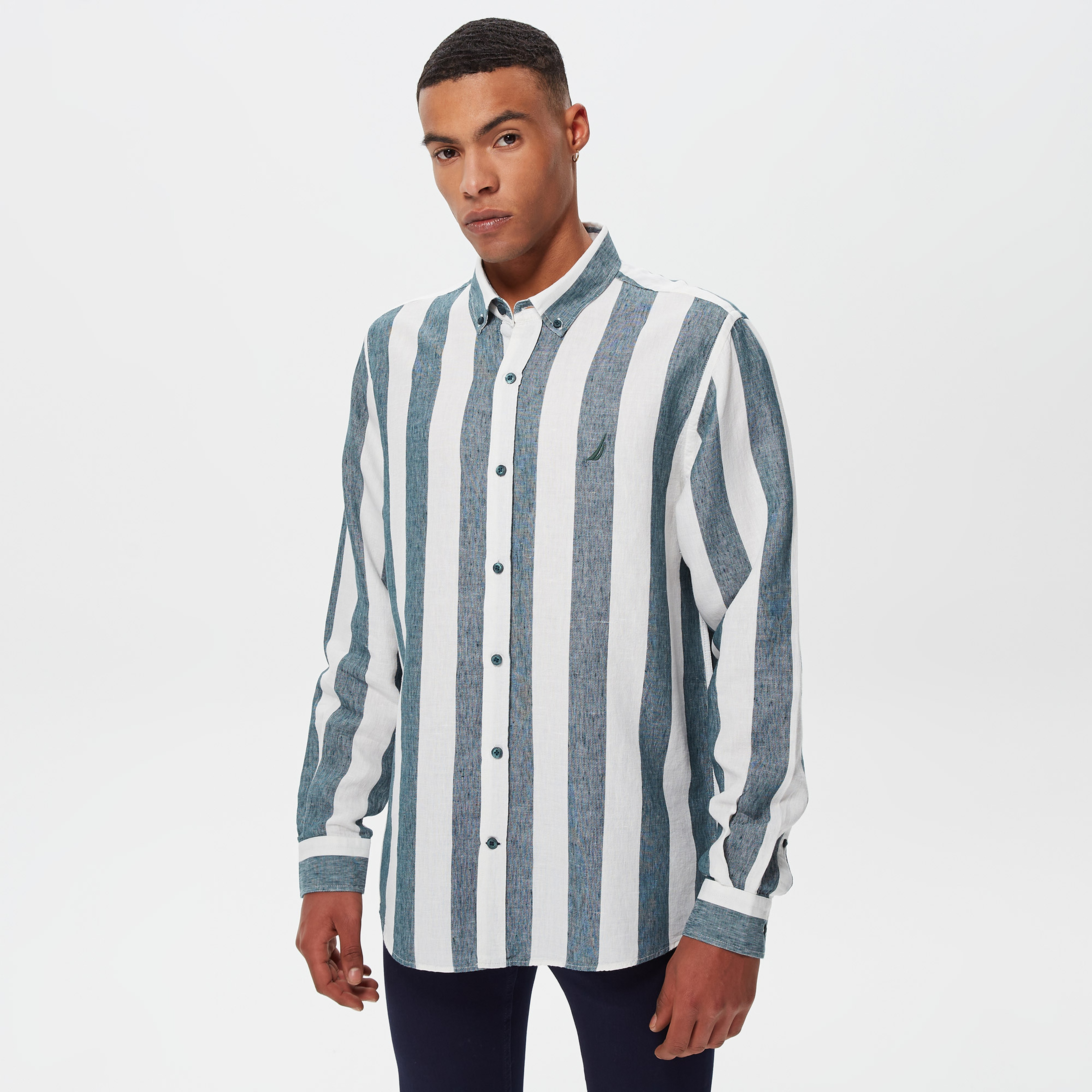 Nautica Erkek Yeşil Çizgili Classic Fit Uzun Kollu Keten Gömlek