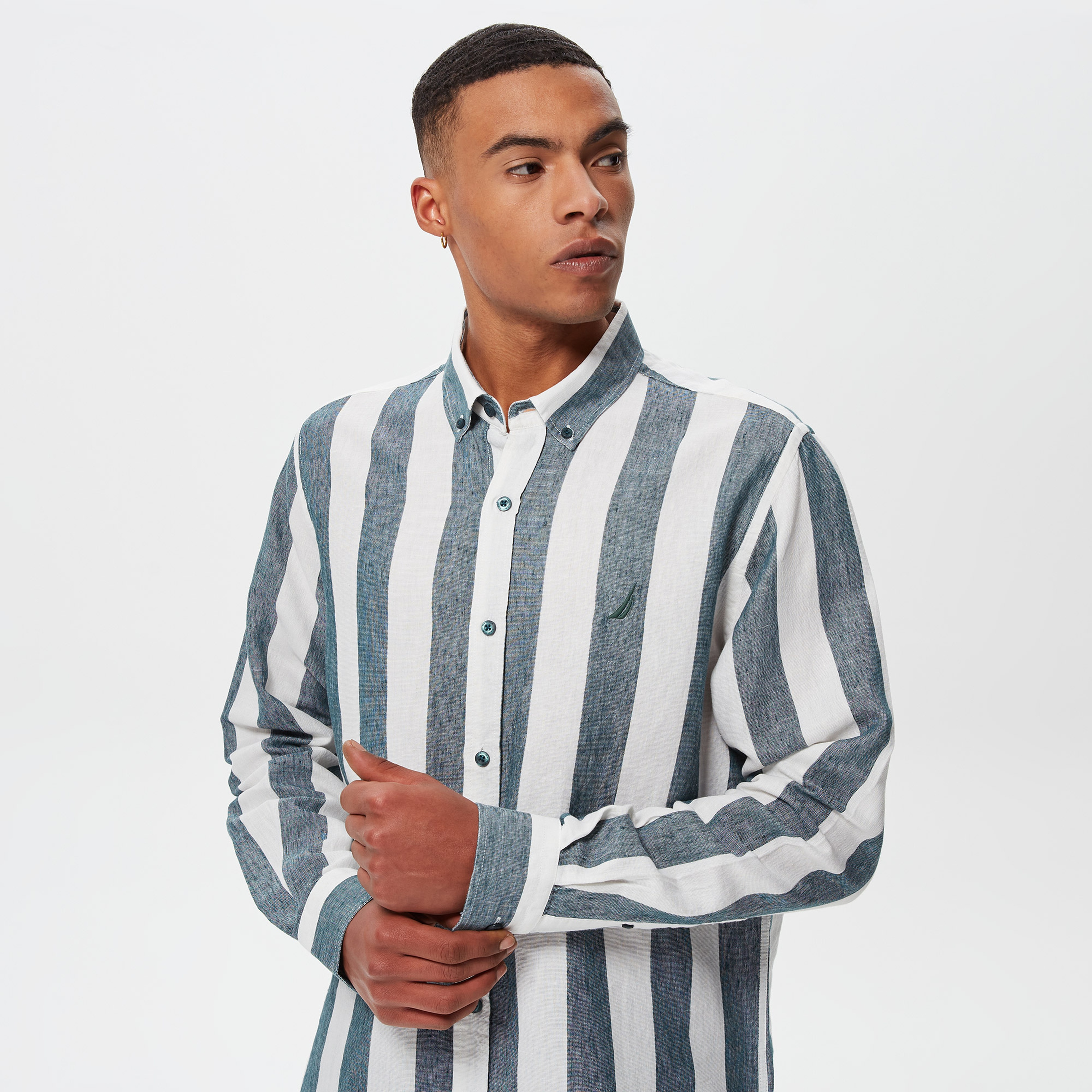 Nautica Erkek Yeşil Çizgili Classic Fit Uzun Kollu Keten Gömlek