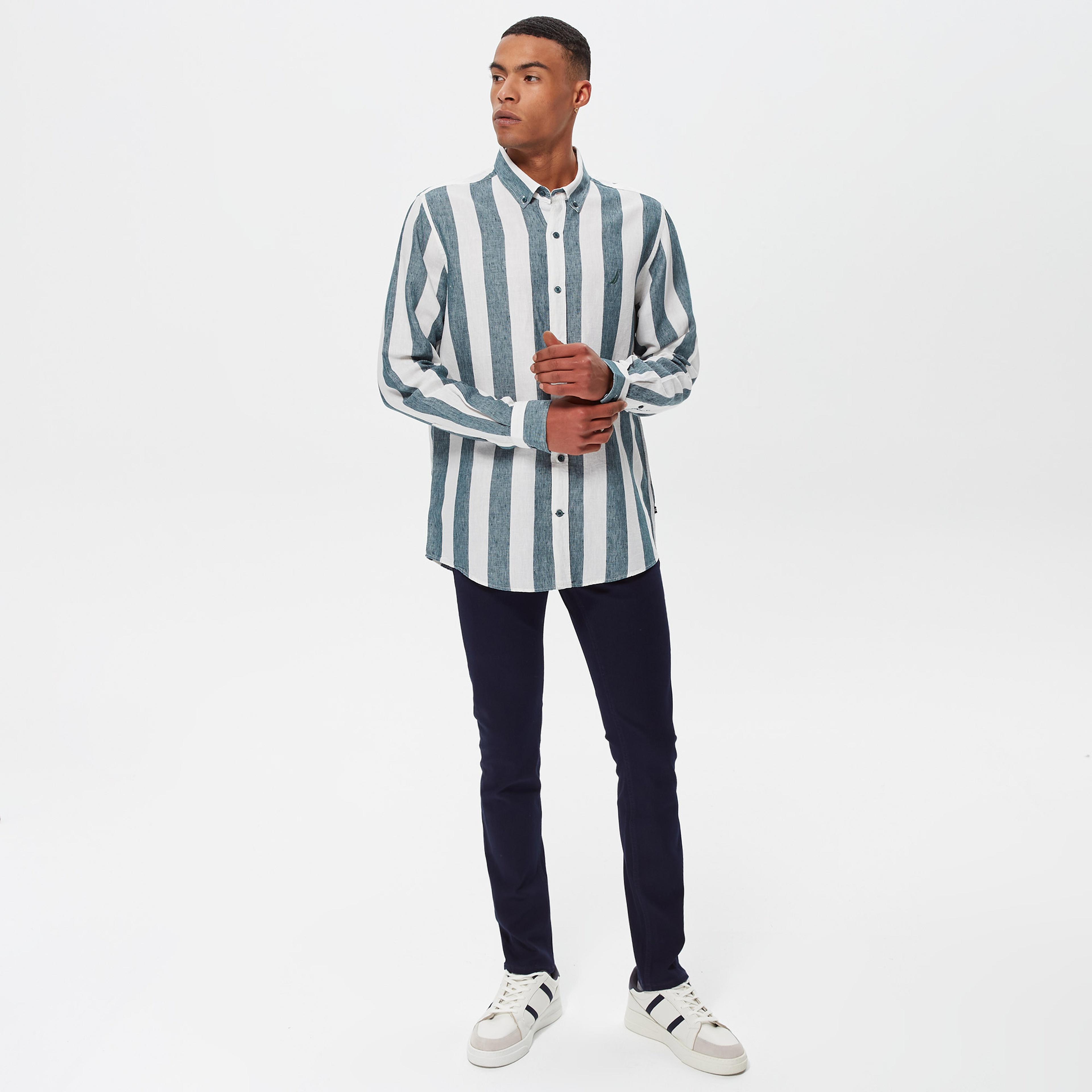Nautica Erkek Yeşil Çizgili Classic Fit Uzun Kollu Keten Gömlek