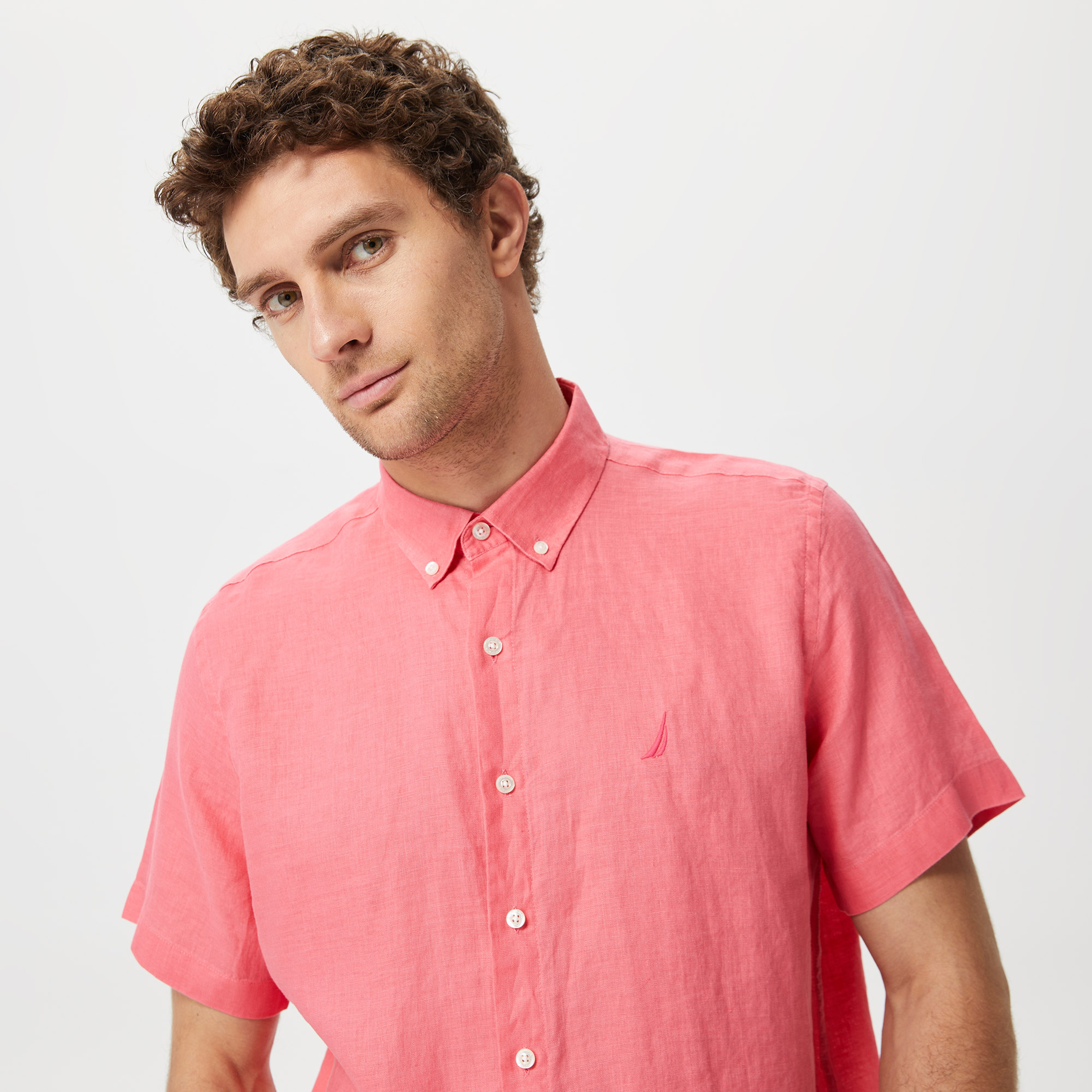 Nautica Erkek Açık Pembe Classic Fit Kısa Kollu Keten Gömlek