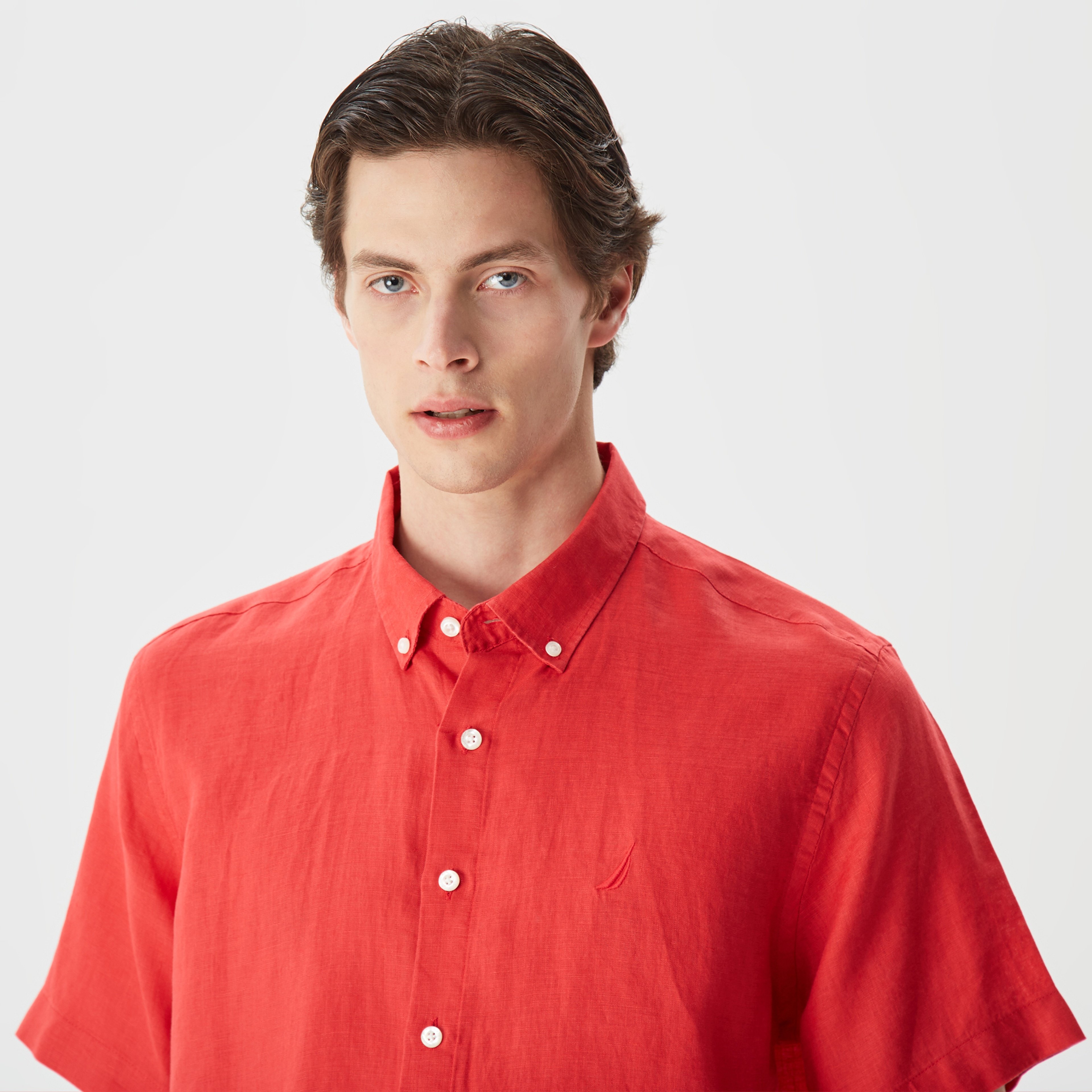 Nautica Erkek Turuncu Classic Fit Kısa Kollu Keten Gömlek