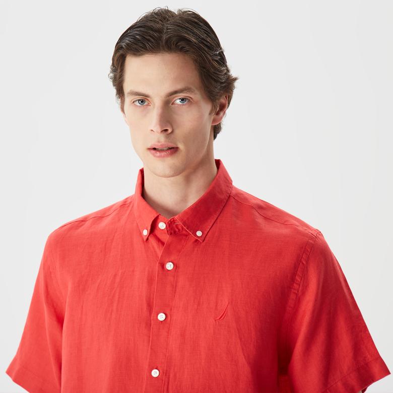 Nautica Erkek Turuncu Classic Fit Kısa Kollu Keten Gömlek
