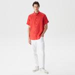 Nautica Erkek Turuncu Classic Fit Kısa Kollu Keten Gömlek