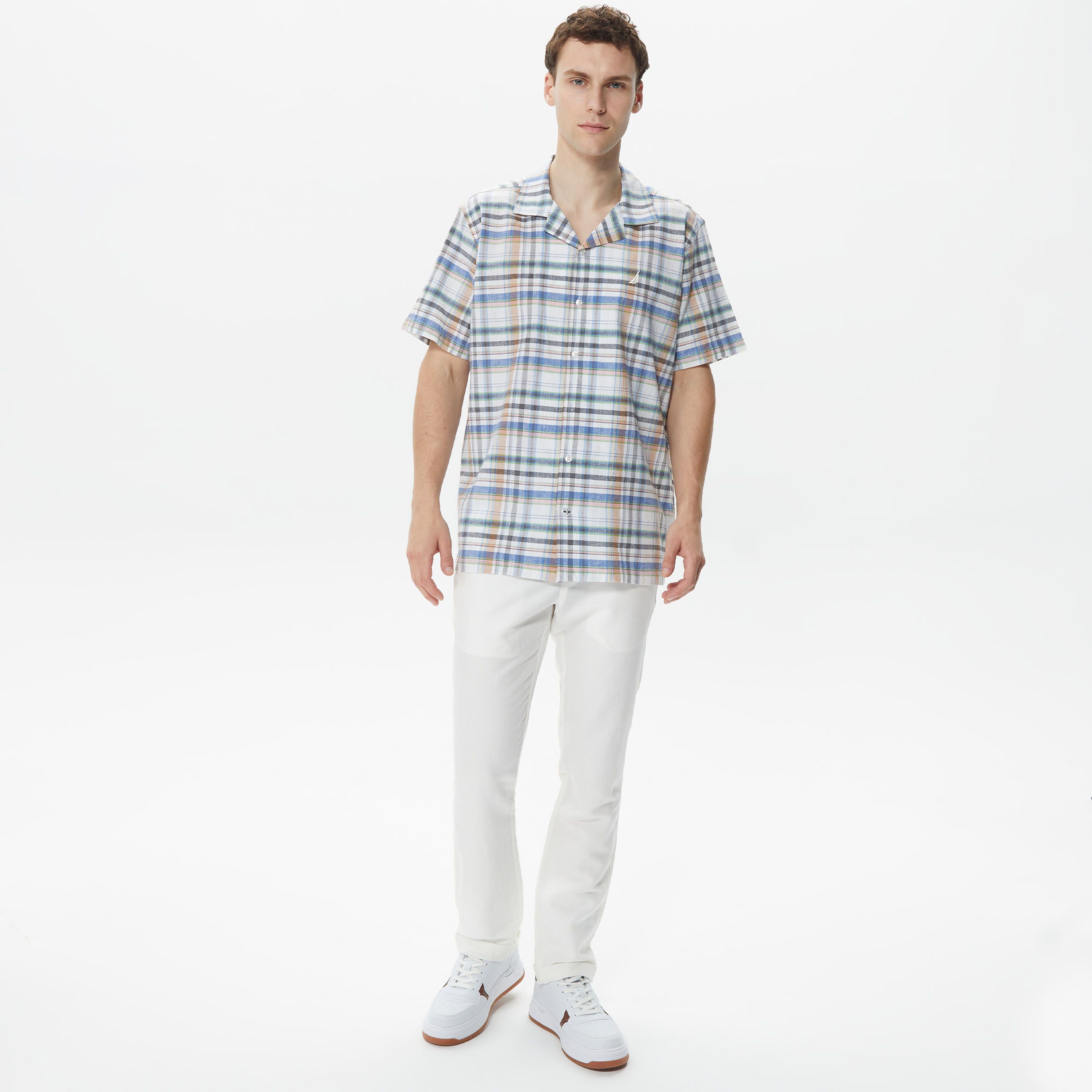 Nautica Erkek Krem  Kısa Kollu Keten Kareli Gömlek