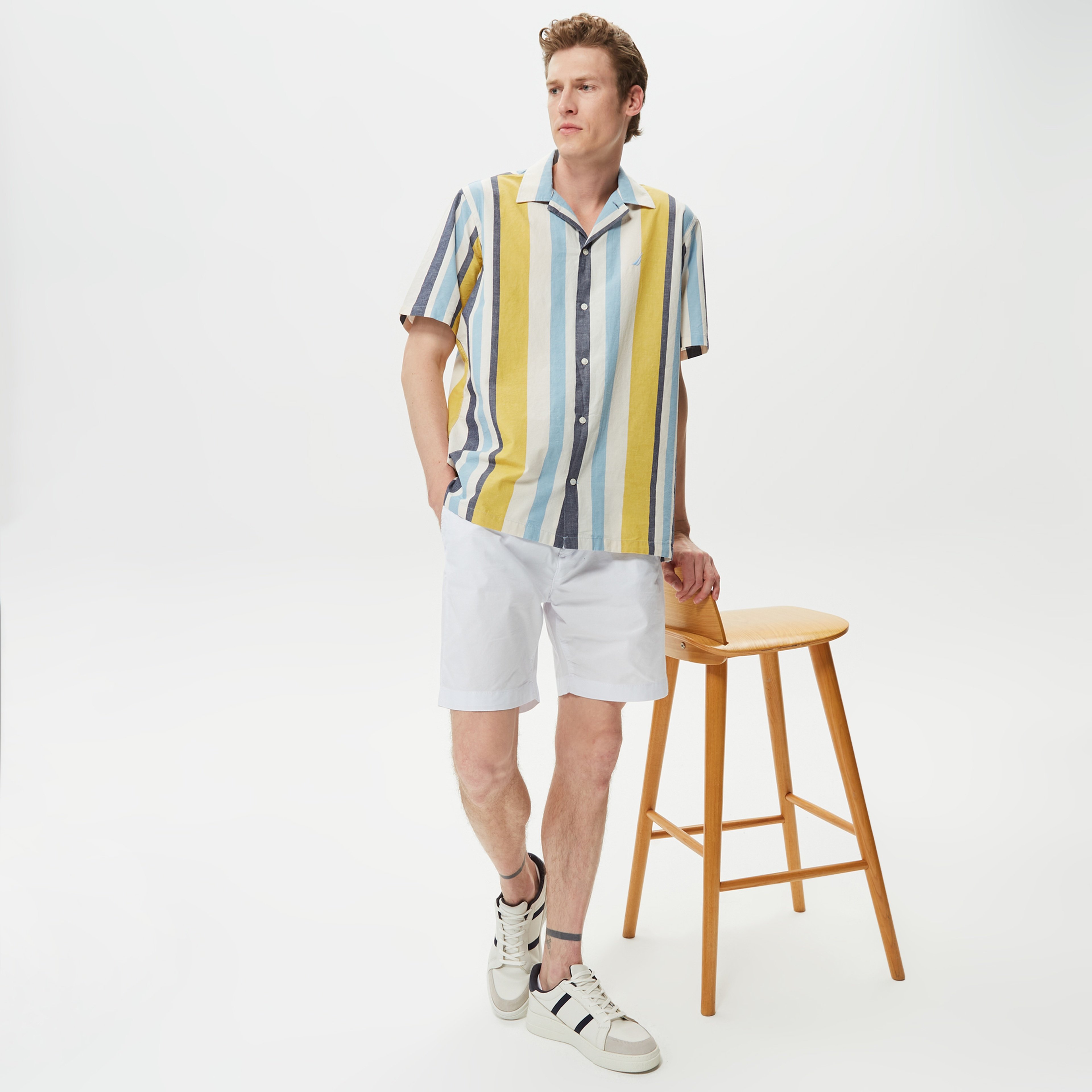 Nautica Erkek Çizgili Kısa Kollu Keten Çizgili Gömlek