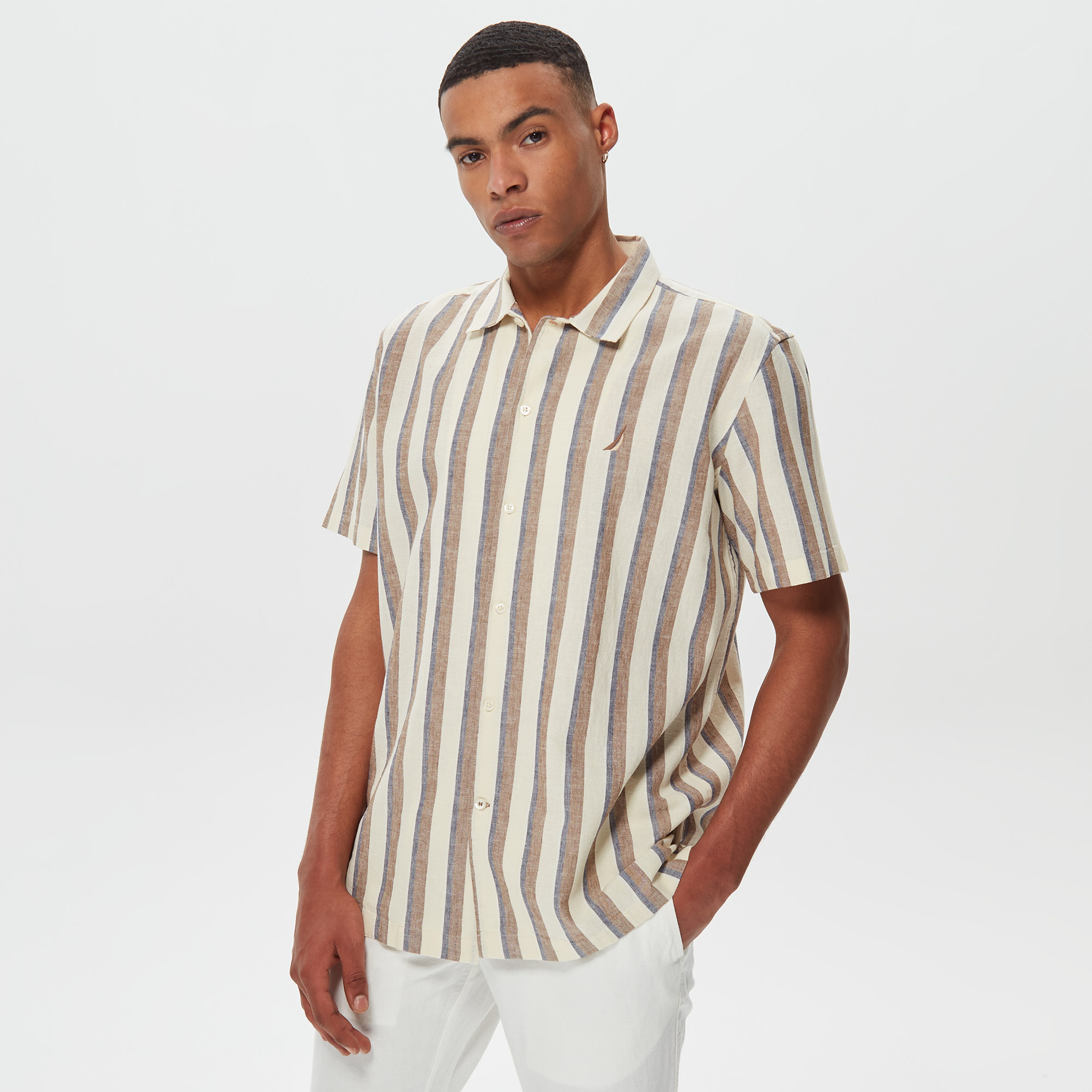 Nautica Erkek Krem Classic Fit Kısa Kollu Çizgili Keten Gömlek
