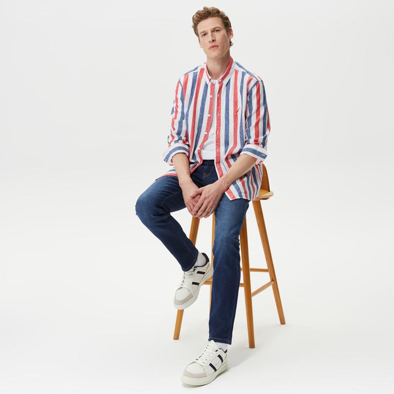 Nautica Erkek Kırmızı Classic Fit Uzun Kollu Keten Gömlek