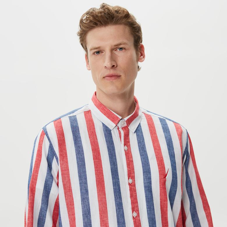 Nautica Erkek Kırmızı Classic Fit Uzun Kollu Keten Gömlek