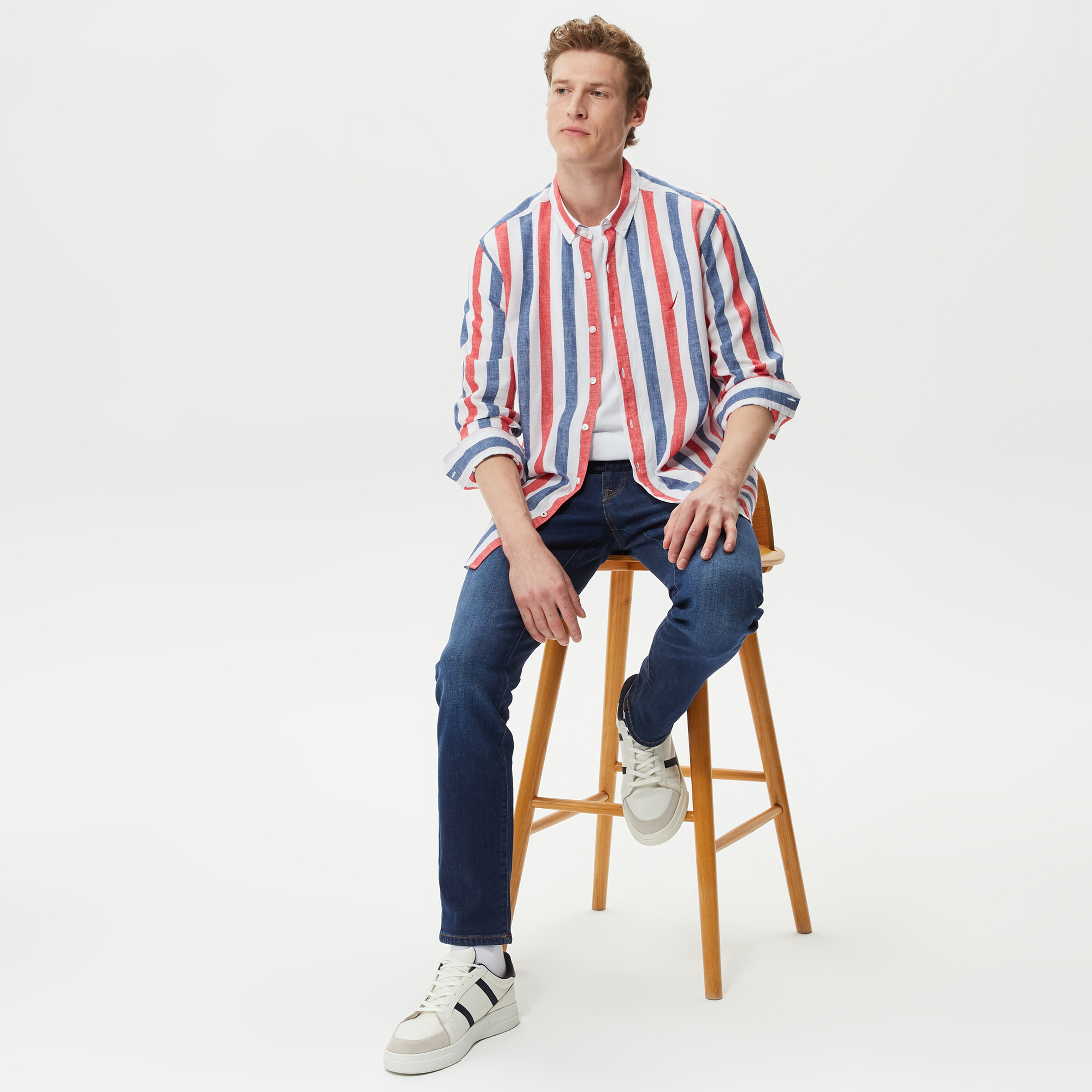 Nautica Erkek Kırmızı Çizgili Keten Gömlek