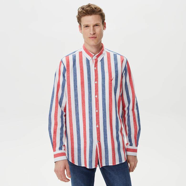 Nautica Erkek Kırmızı Classic Fit Uzun Kollu Keten Gömlek