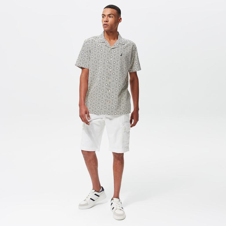 Nautica Erkek Krem Classic Fit Kısa Kollu Keten Gömlek