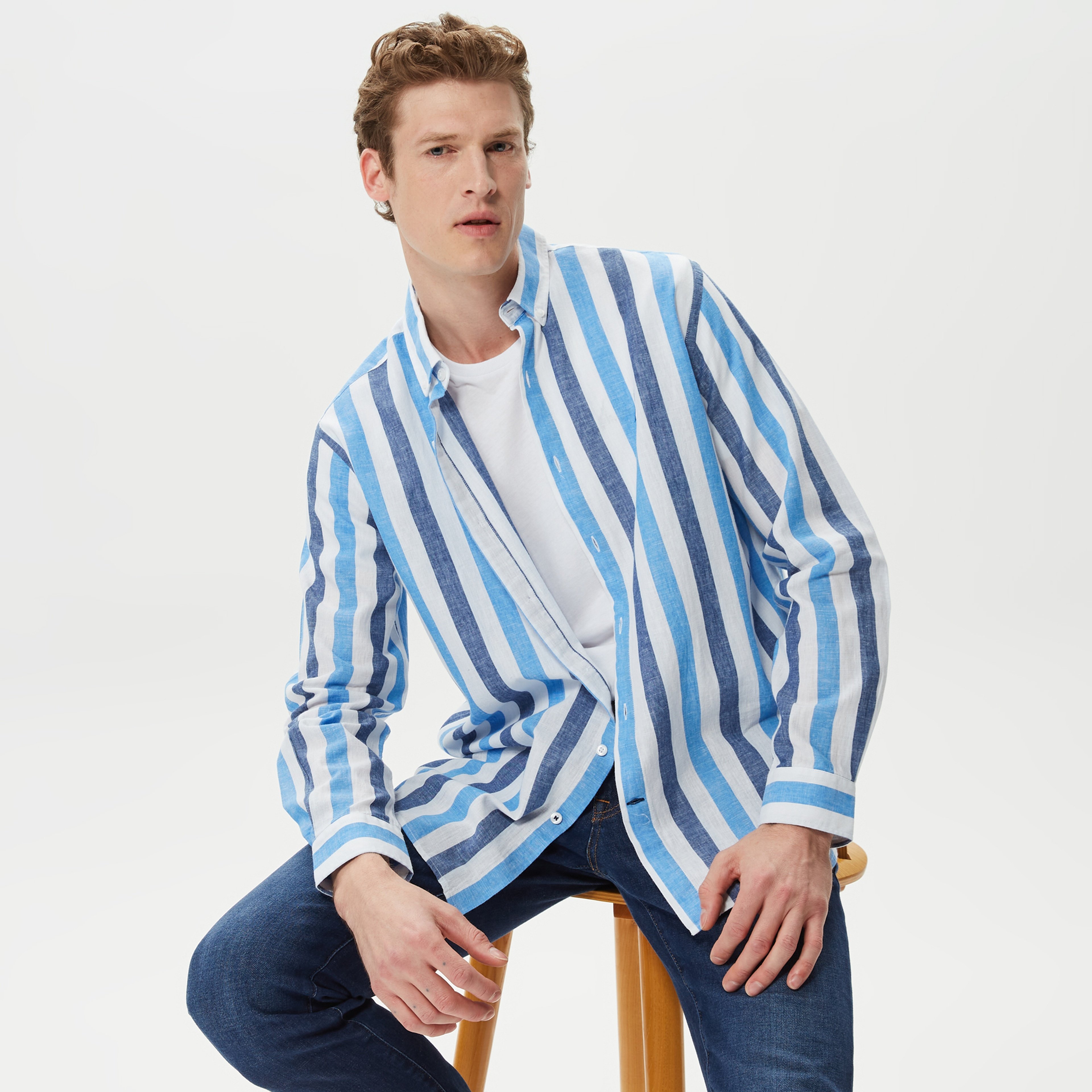 Nautica Erkek Mavi Classic Fit Uzun Kollu Keten Çizgili Gömlek