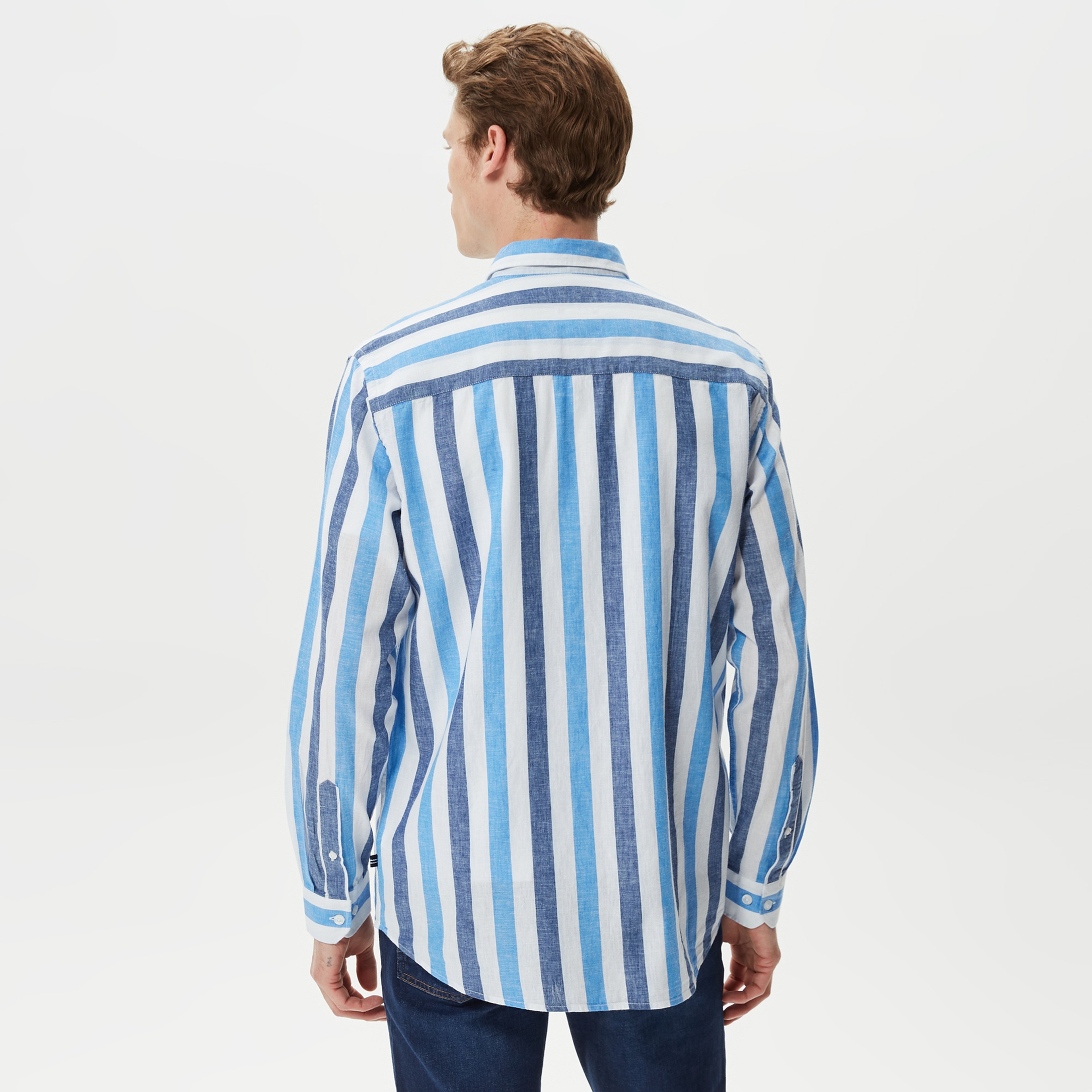 Nautica Erkek Mavi Classic Fit Uzun Kollu Keten Çizgili Gömlek