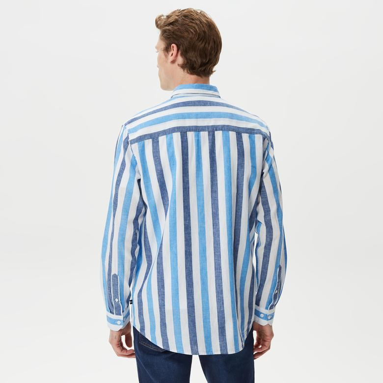 Nautica Erkek Mavi Çizgili Classic Fit Uzun Kollu Keten Gömlek