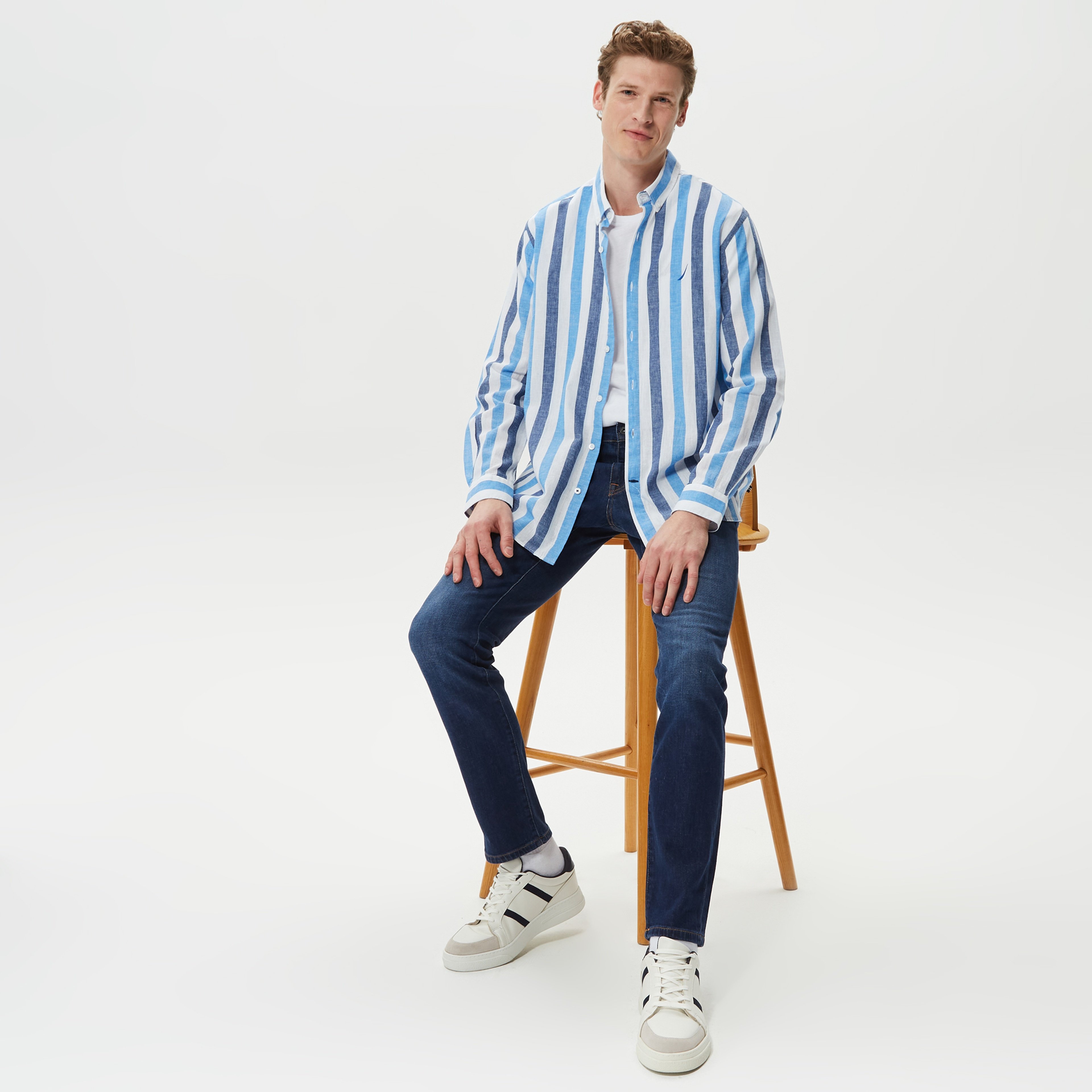 Nautica Erkek Mavi Classic Fit Uzun Kollu Keten Çizgili Gömlek
