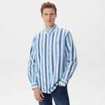 Nautica Erkek Mavi Çizgili Classic Fit Uzun Kollu Keten Gömlek