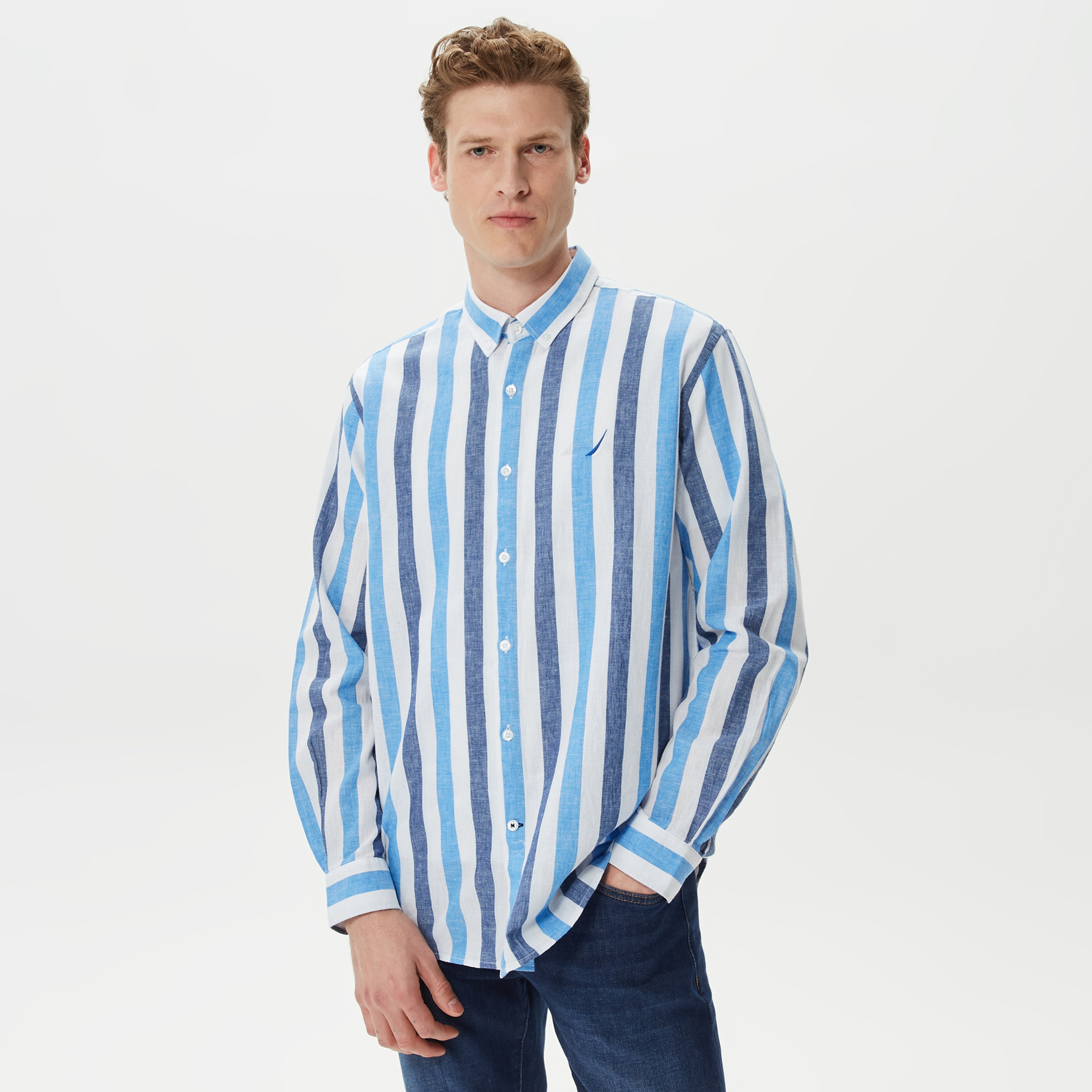 Nautica Erkek Mavi Classic Fit Uzun Kollu Keten Çizgili Gömlek