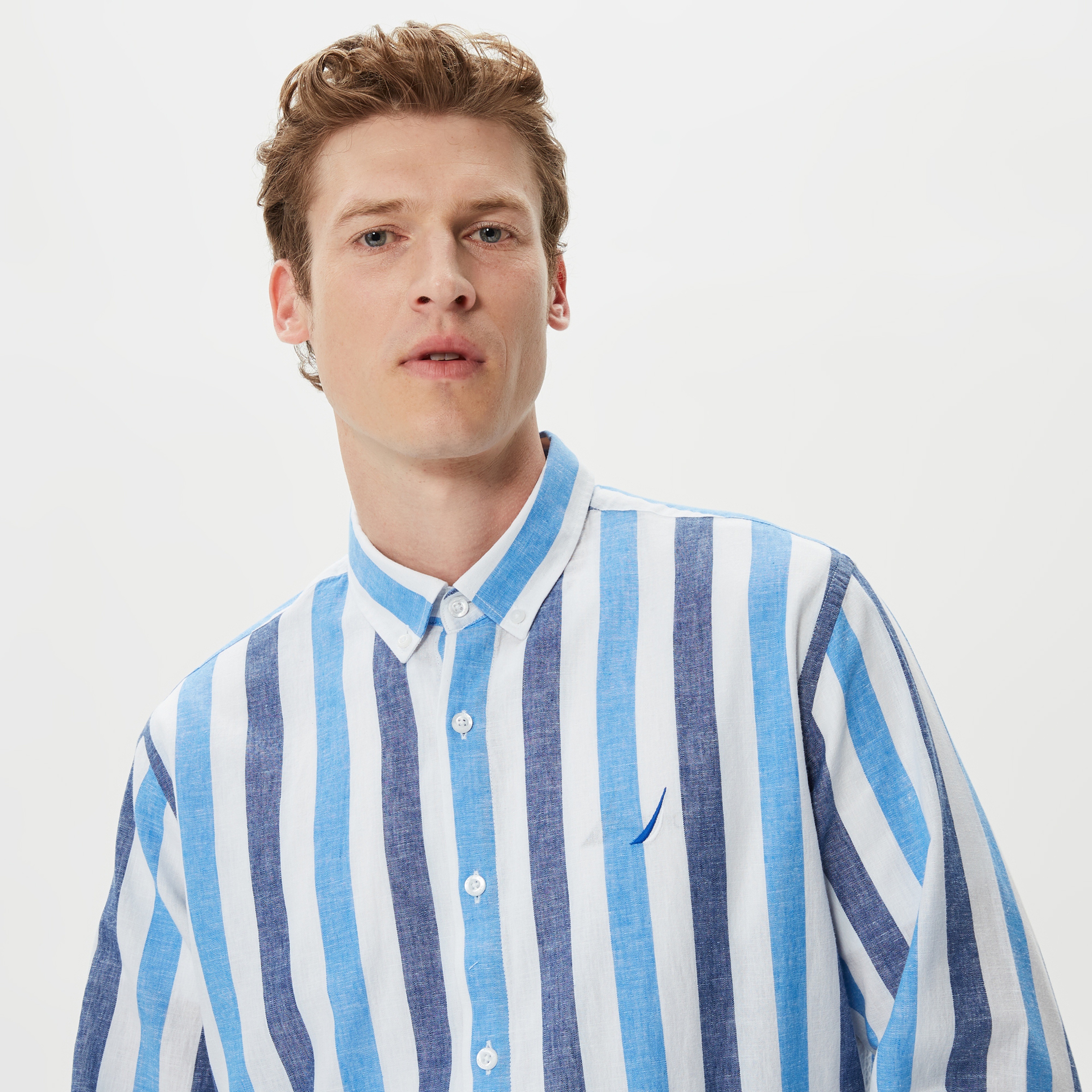 Nautica Erkek Mavi Classic Fit Uzun Kollu Keten Çizgili Gömlek