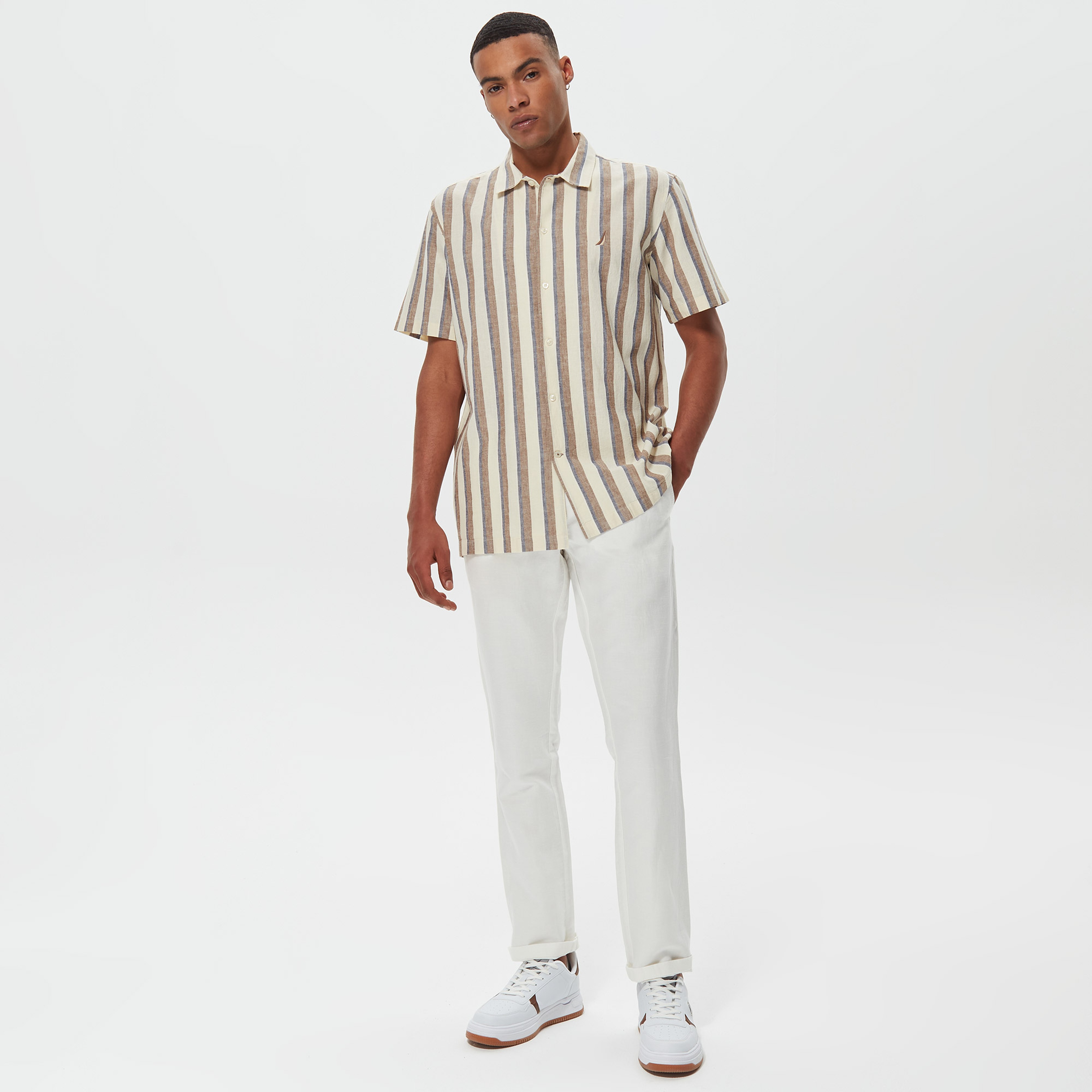 Nautica Erkek Krem Classic Fit Kısa Kollu Çizgili Keten Gömlek