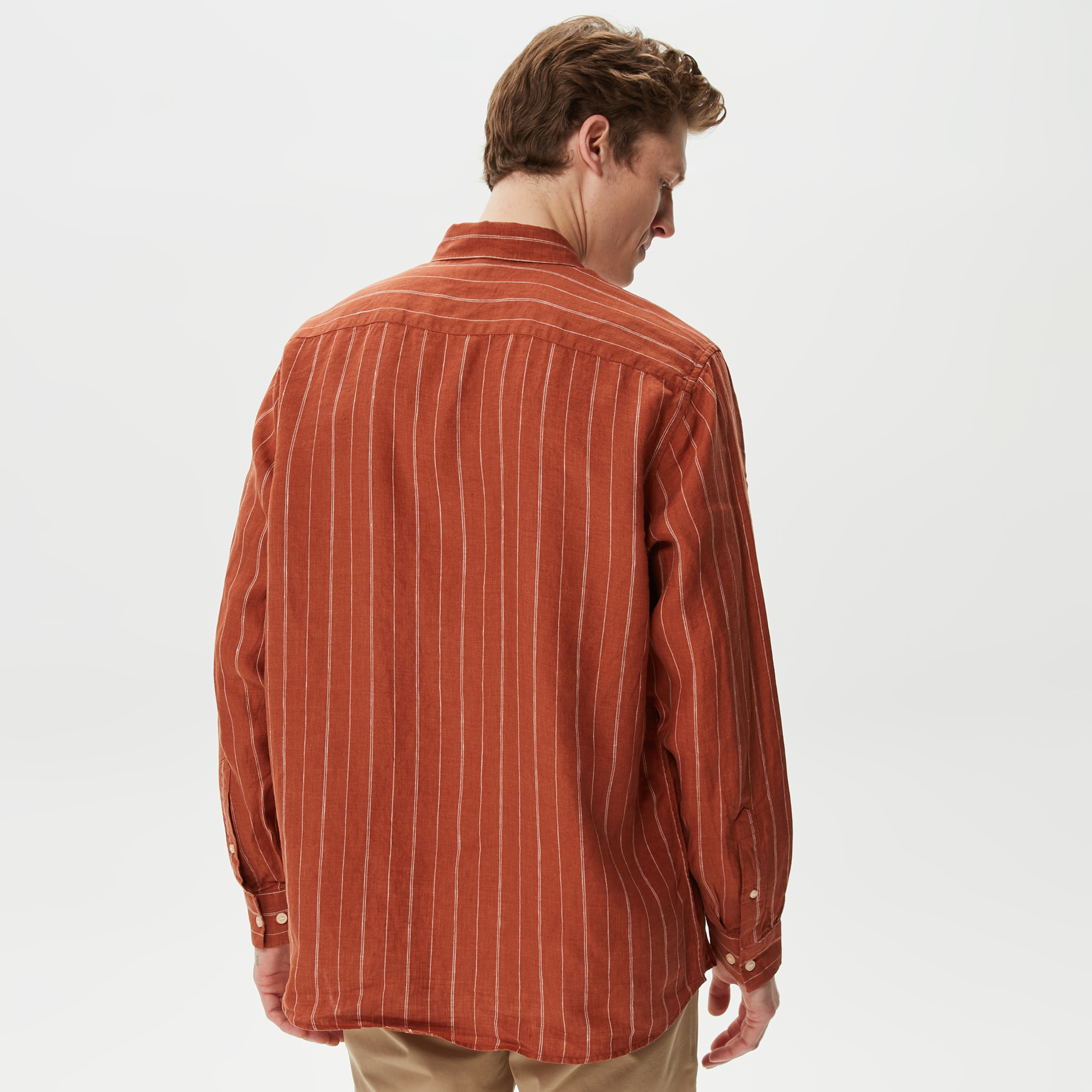 Nautica Erkek Turuncu Classic Fit Uzun Kollu Keten Gömlek