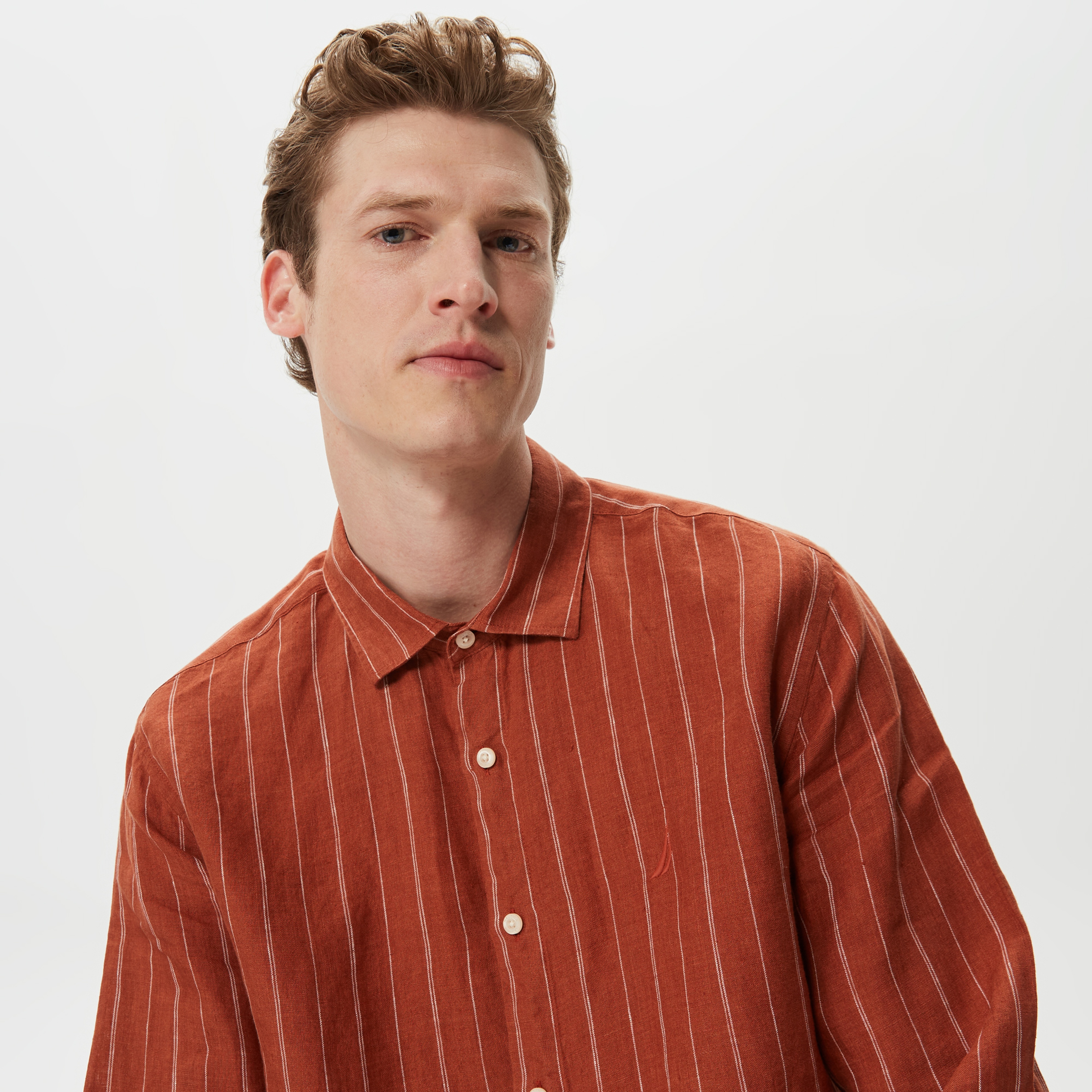 Nautica Erkek Turuncu Classic Fit Uzun Kollu Keten Gömlek