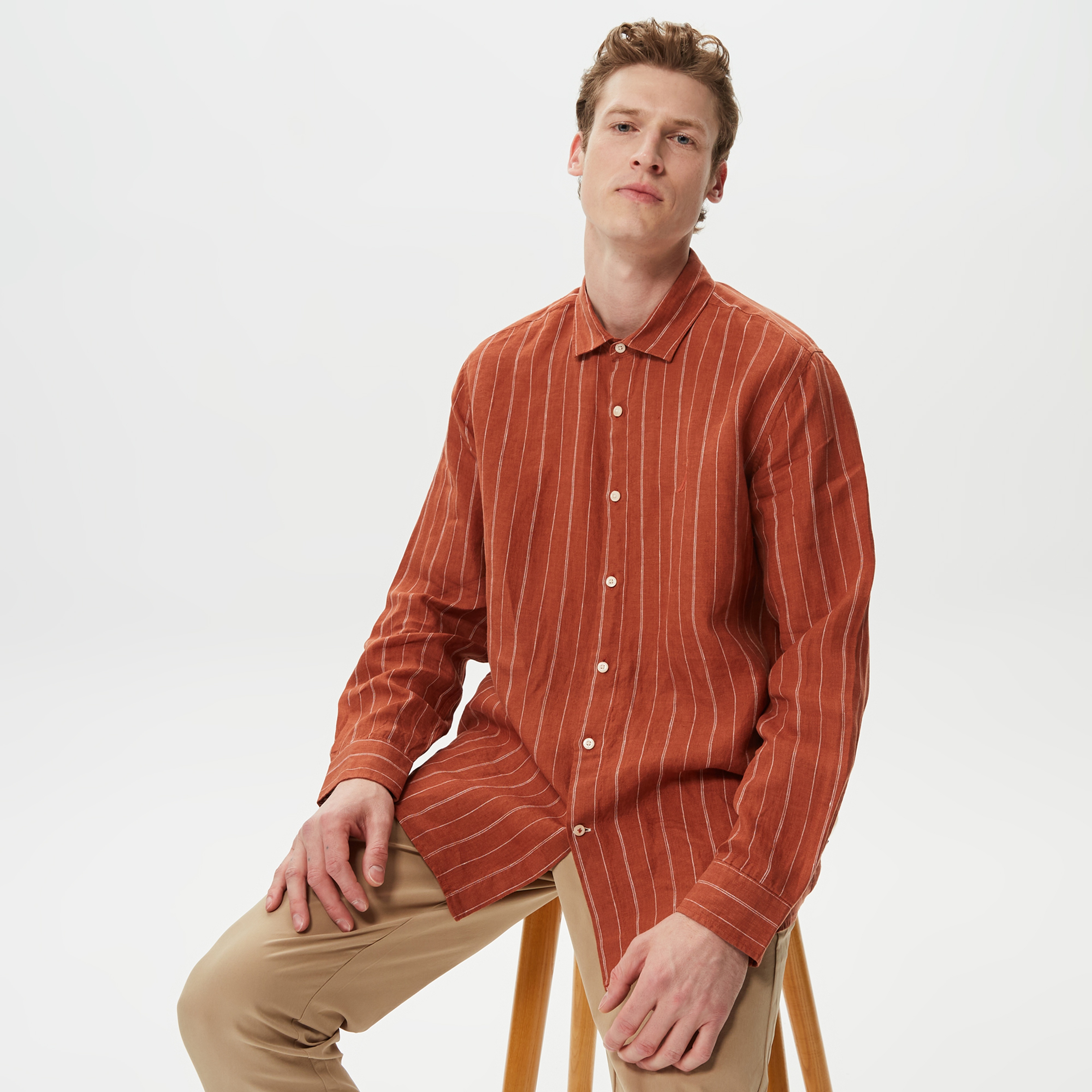 Nautica Erkek Turuncu Classic Fit Uzun Kollu Keten Gömlek