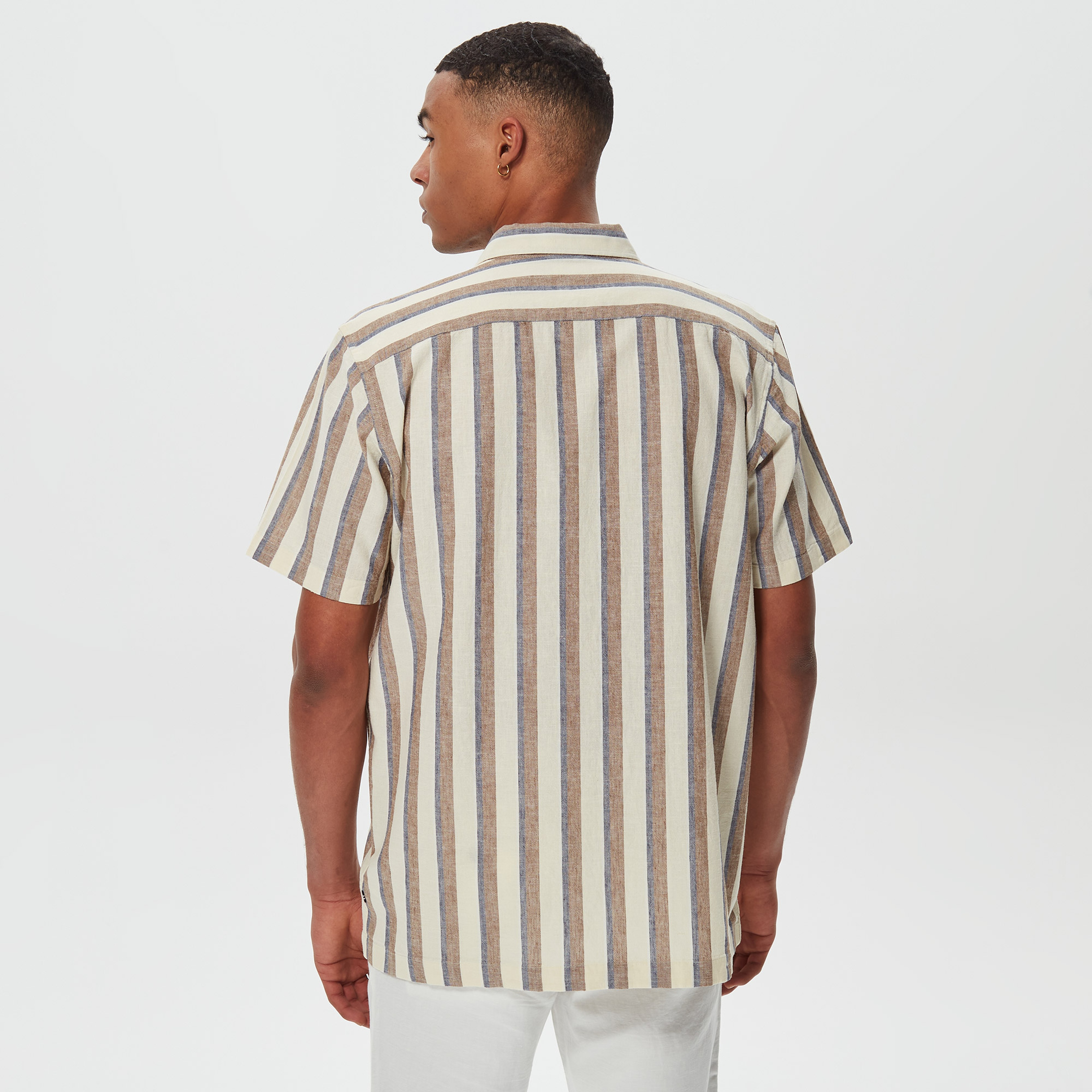 Nautica Erkek Krem Classic Fit Kısa Kollu Çizgili Keten Gömlek