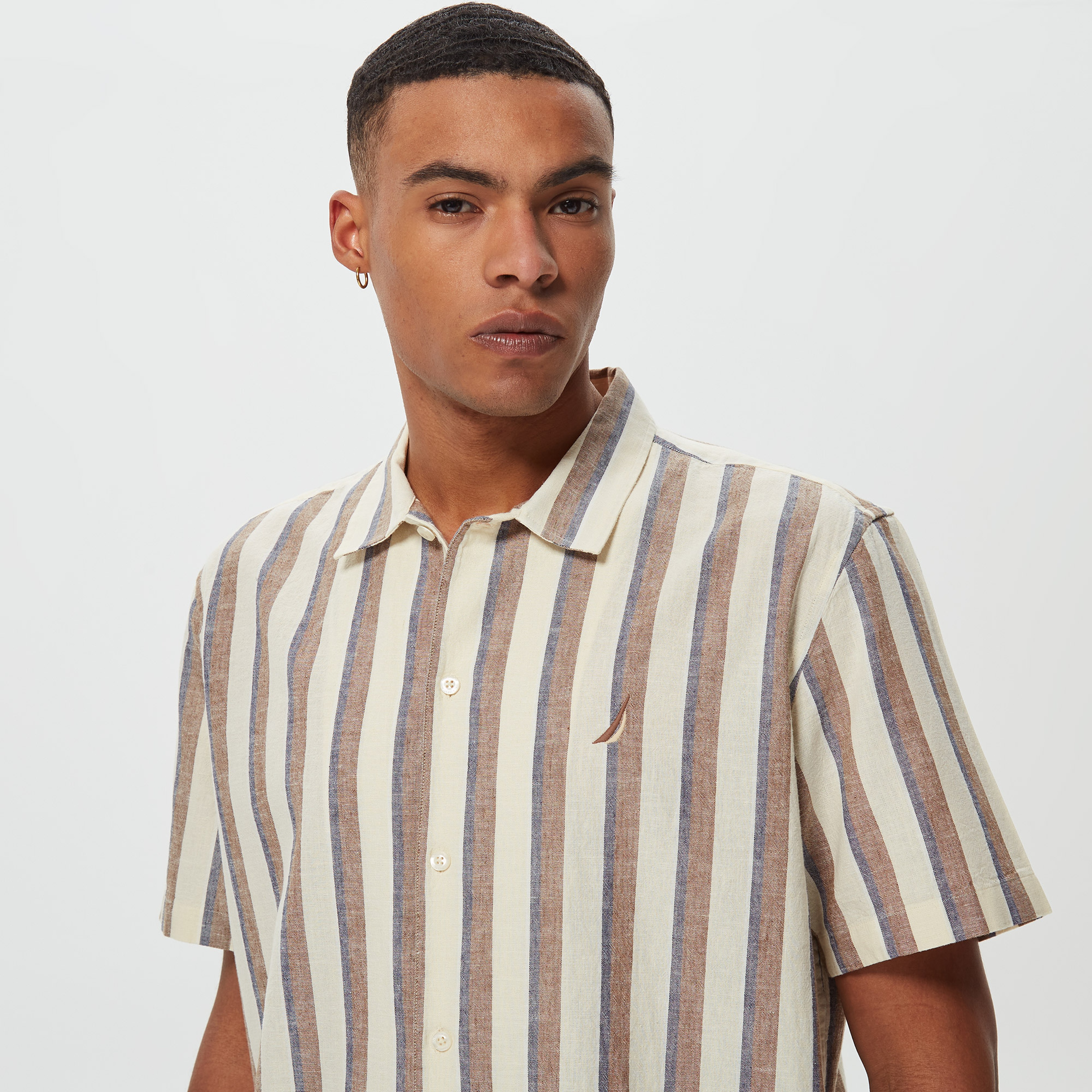 Nautica Erkek Krem Classic Fit Kısa Kollu Çizgili Keten Gömlek