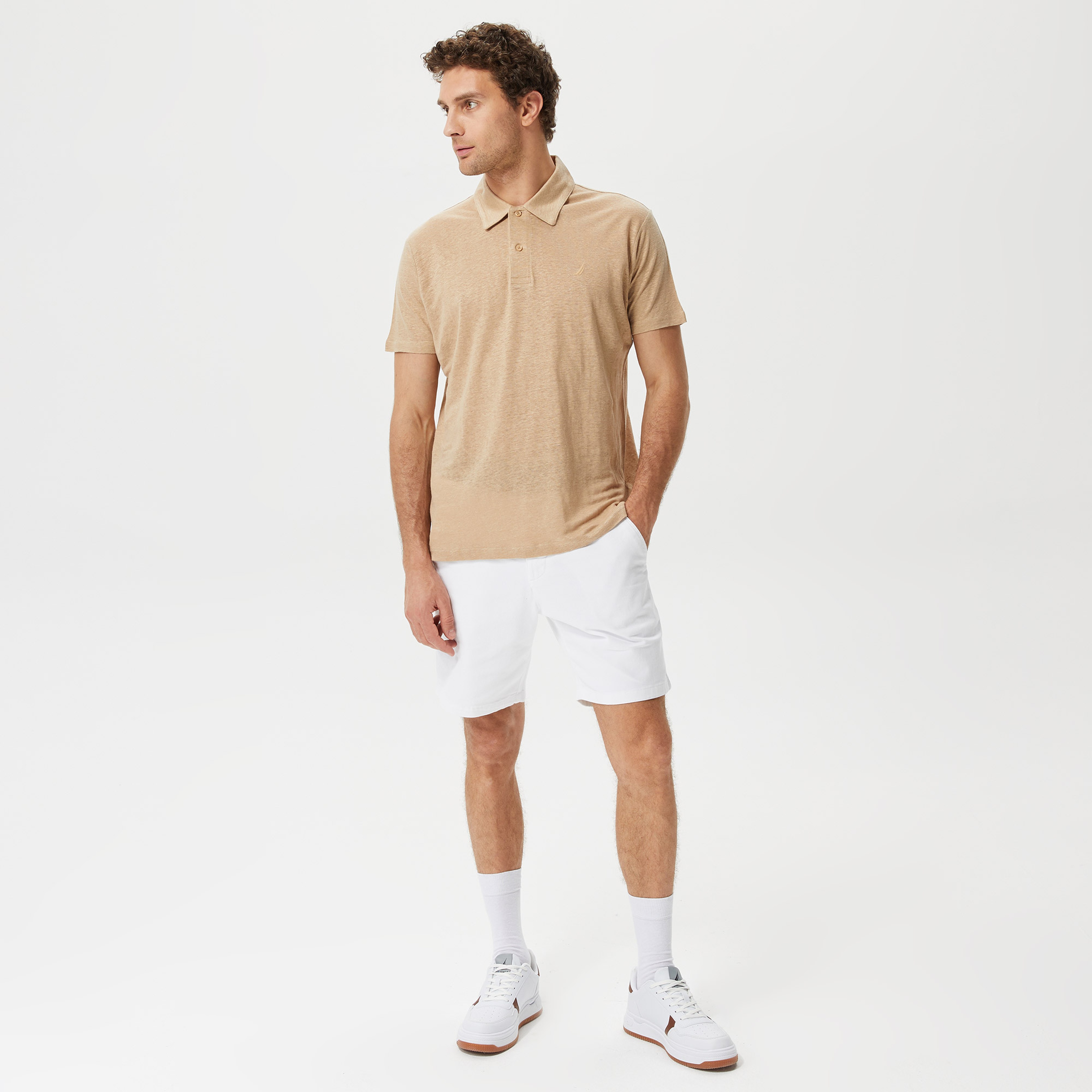 Nautica Erkek Bej Classic Fit Kısa Kollu Keten Polo