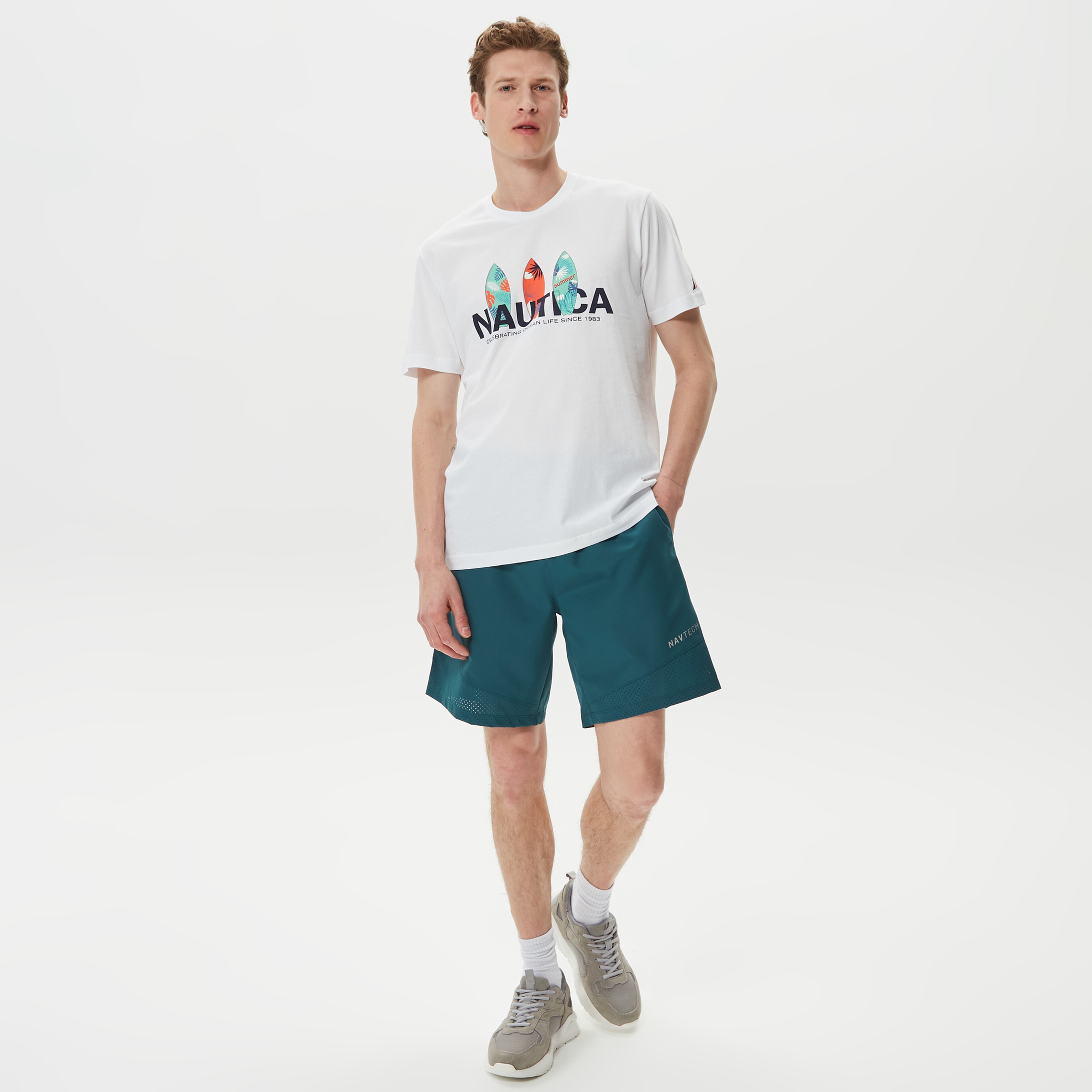 Nautica Erkek Beyaz Desenli Standart Fit T-Shirt