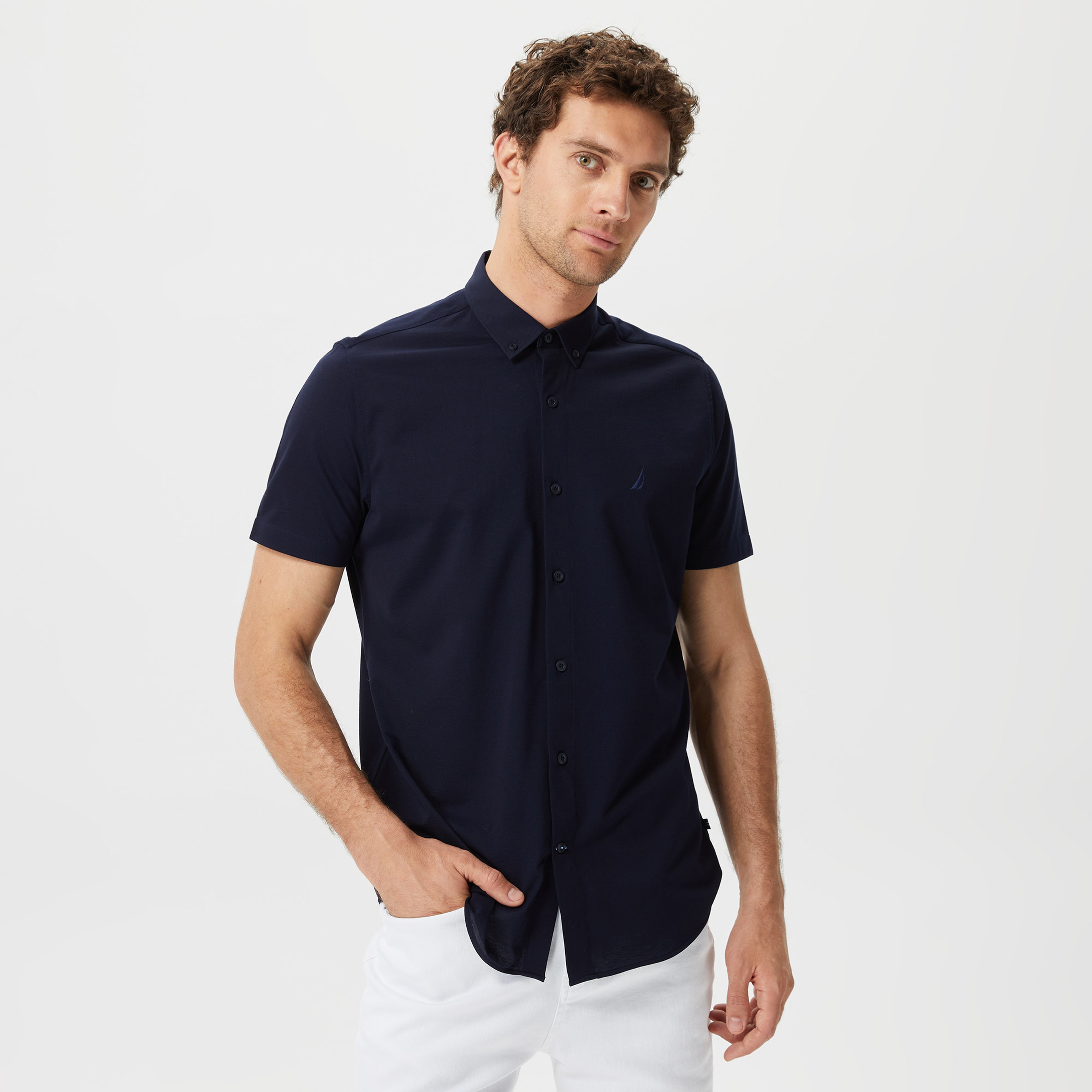 Nautica Erkek Lacivert Slim Fit Kısa Kollu Gömlek