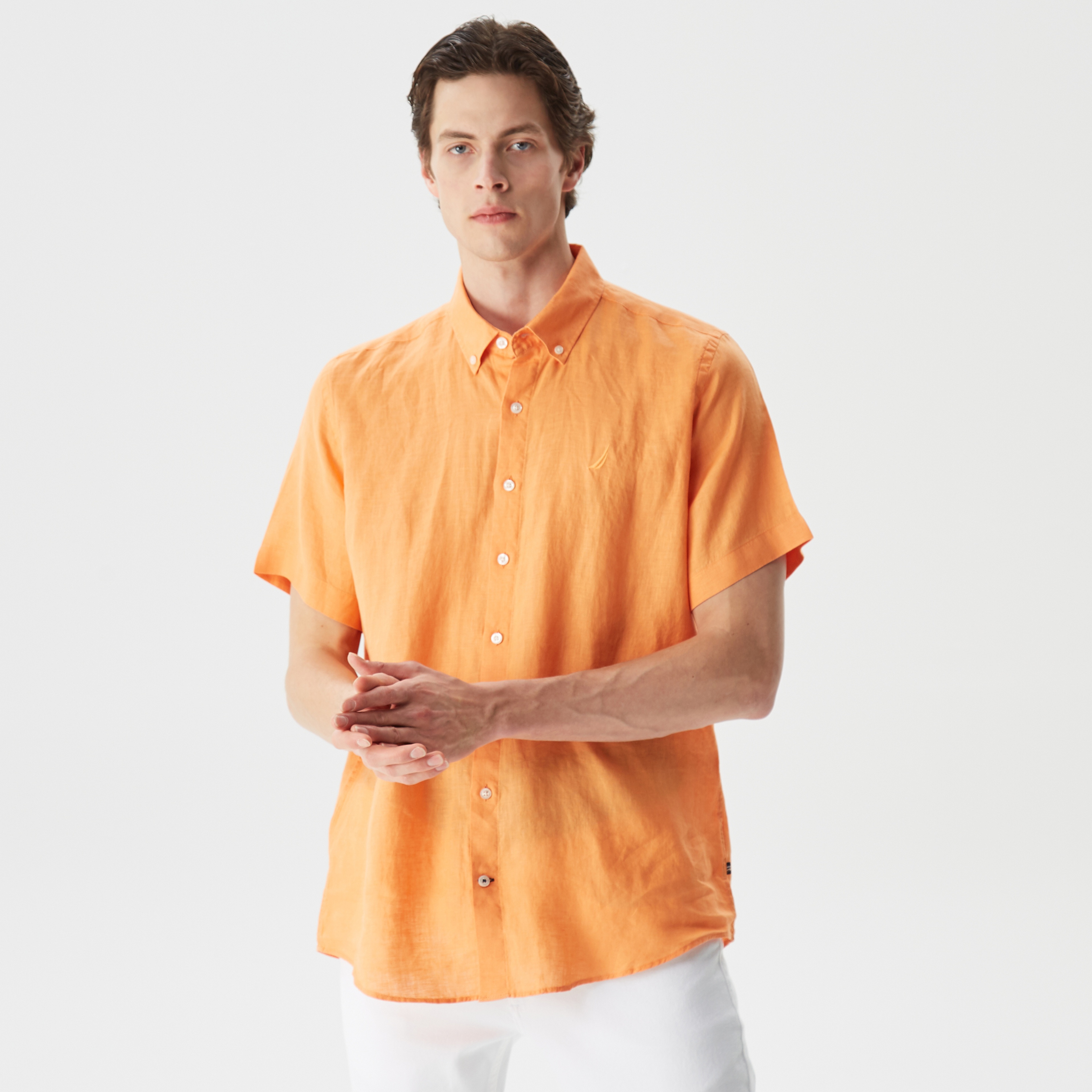 Nautica Erkek Turuncu Classic Fit Kısa Kollu Keten Gömlek