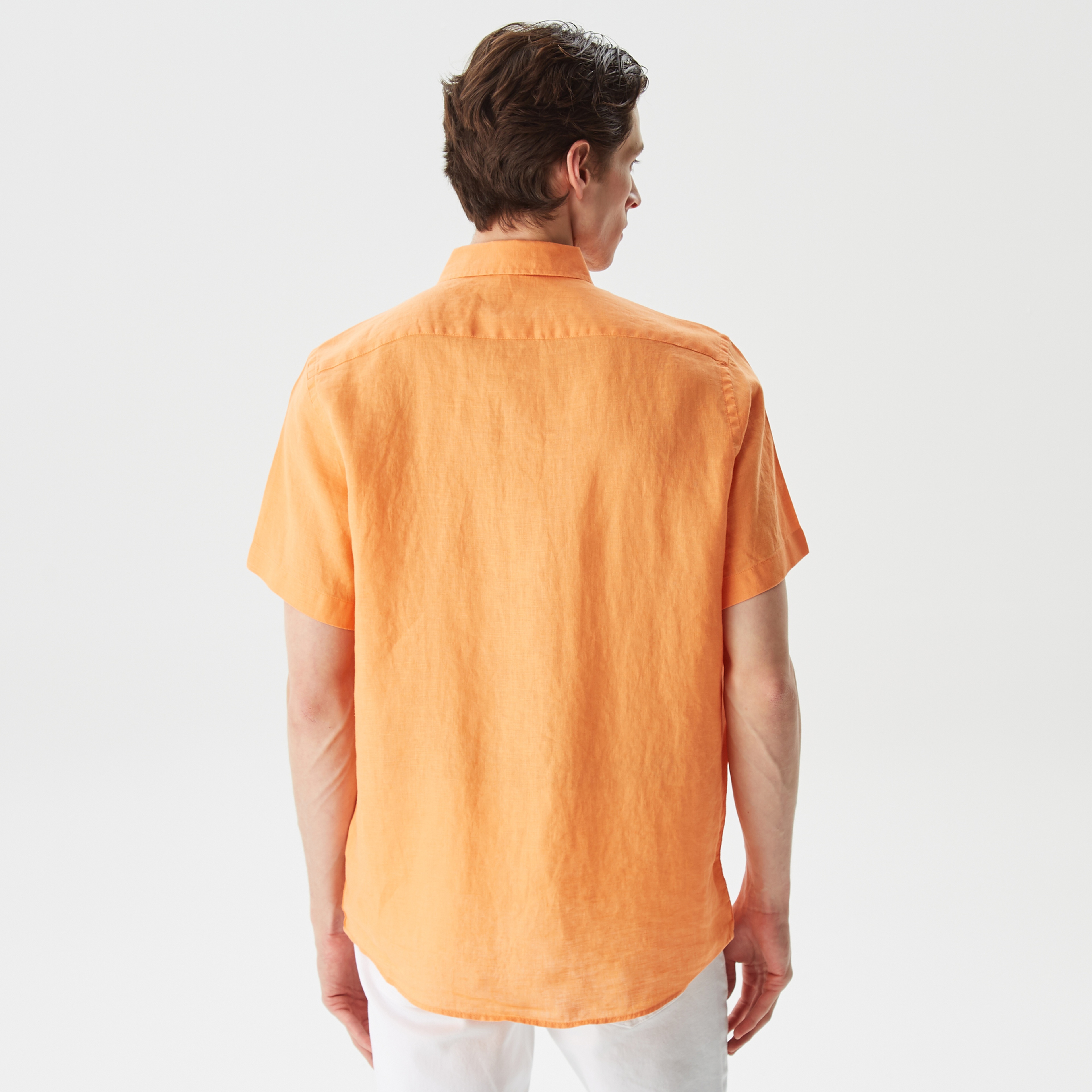 Nautica Erkek Turuncu Classic Fit Kısa Kollu Keten Gömlek