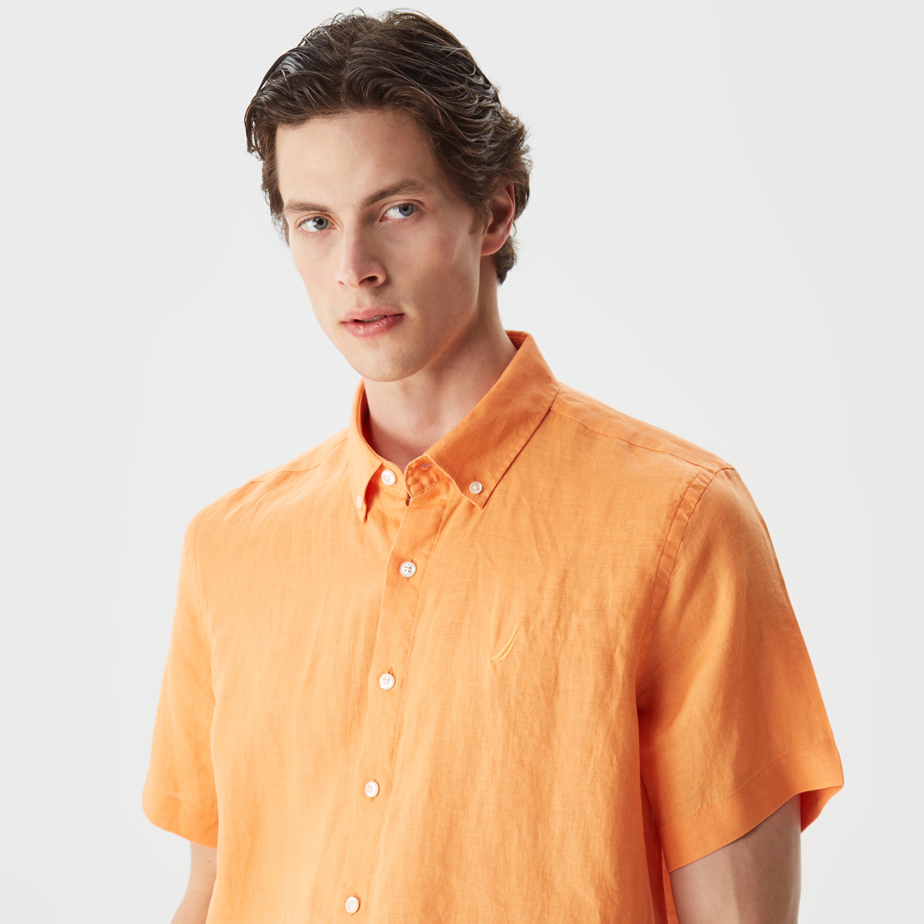 Nautica Erkek Turuncu Classic Fit Kısa Kollu Keten Gömlek