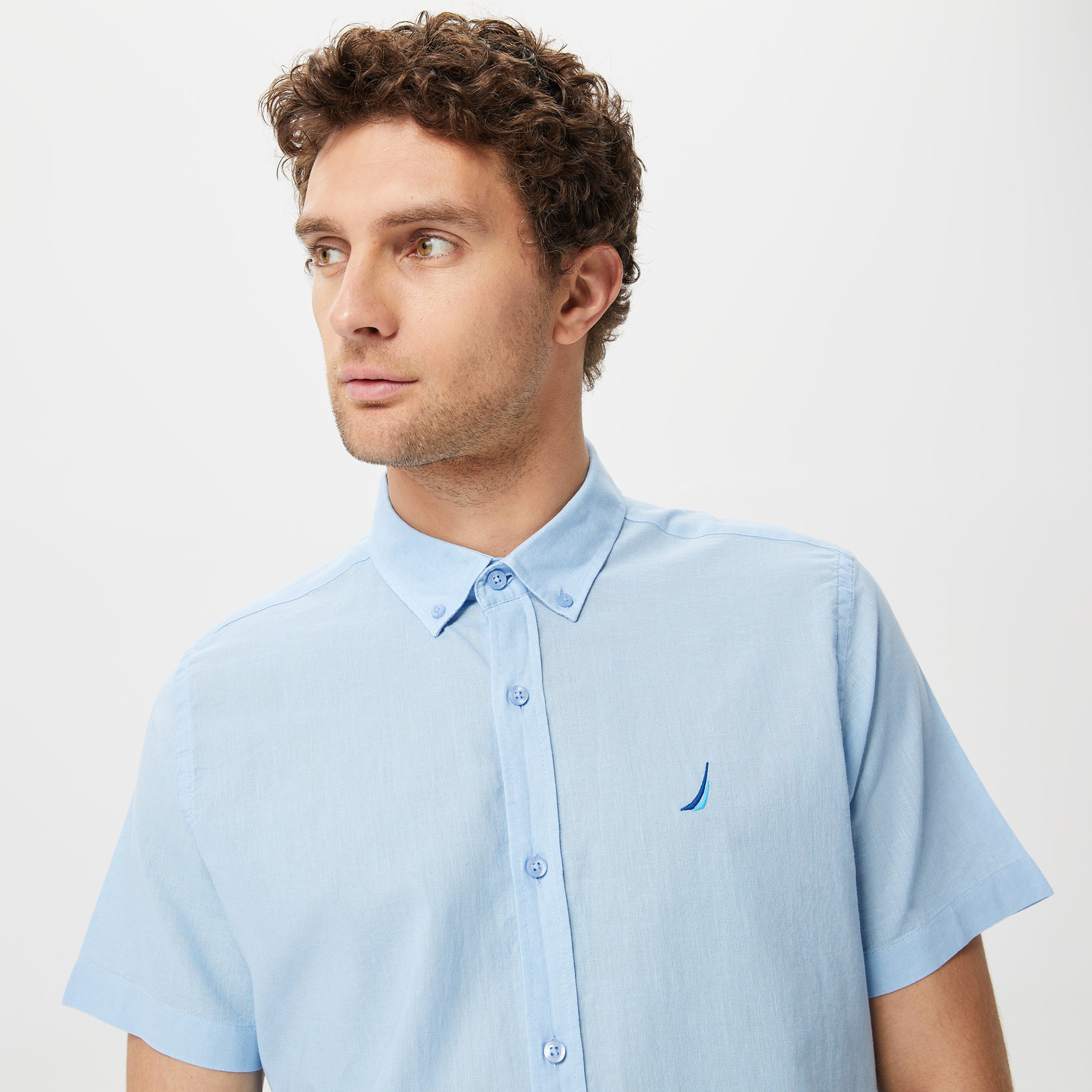 Nautica Erkek Mavi Classic Fit Kısa Kollu Keten Gömlek